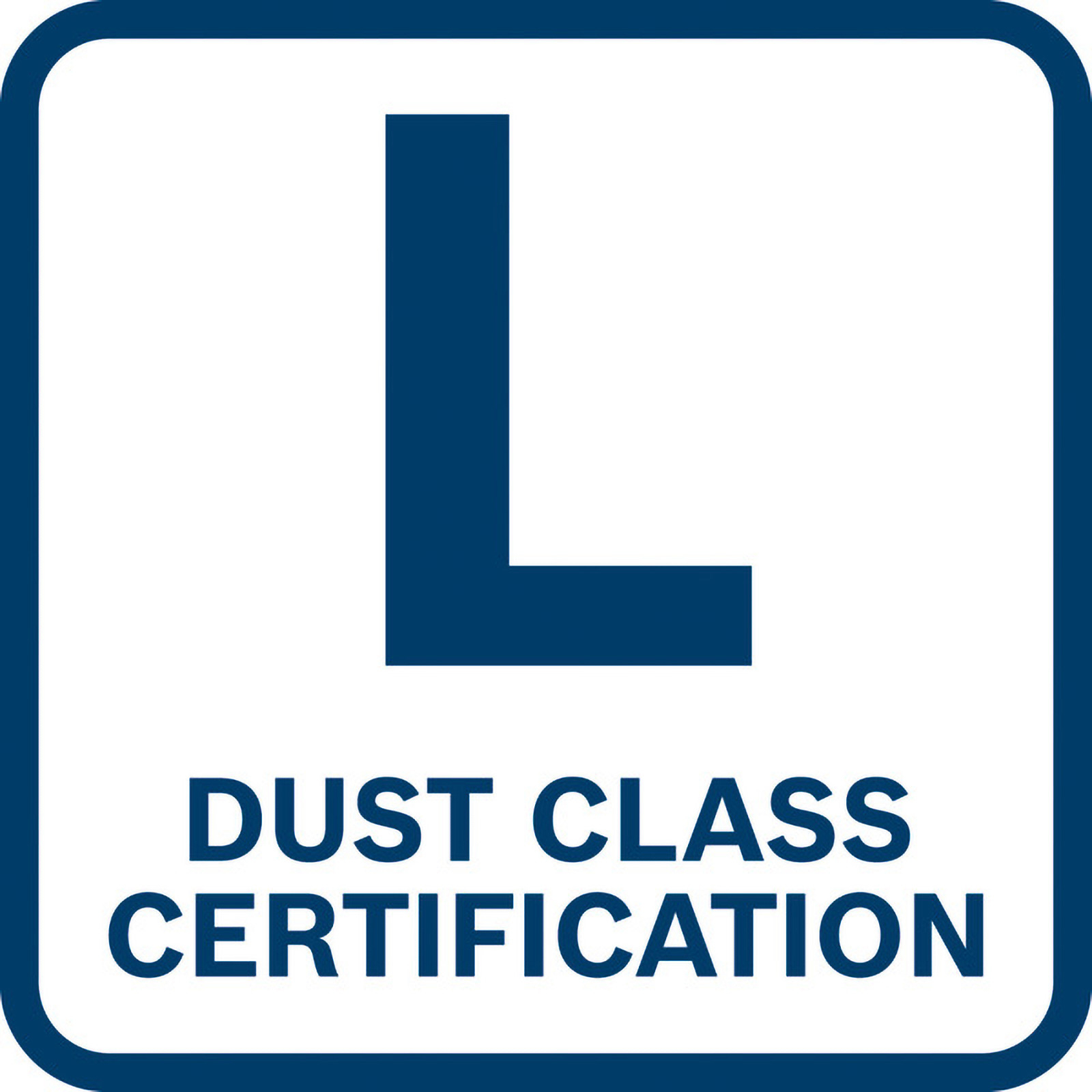 Un quadrato blu con bordo bianco contiene una grande lettera blu 'L' e il testo 'DUST CLASS CERTIFICATION'.