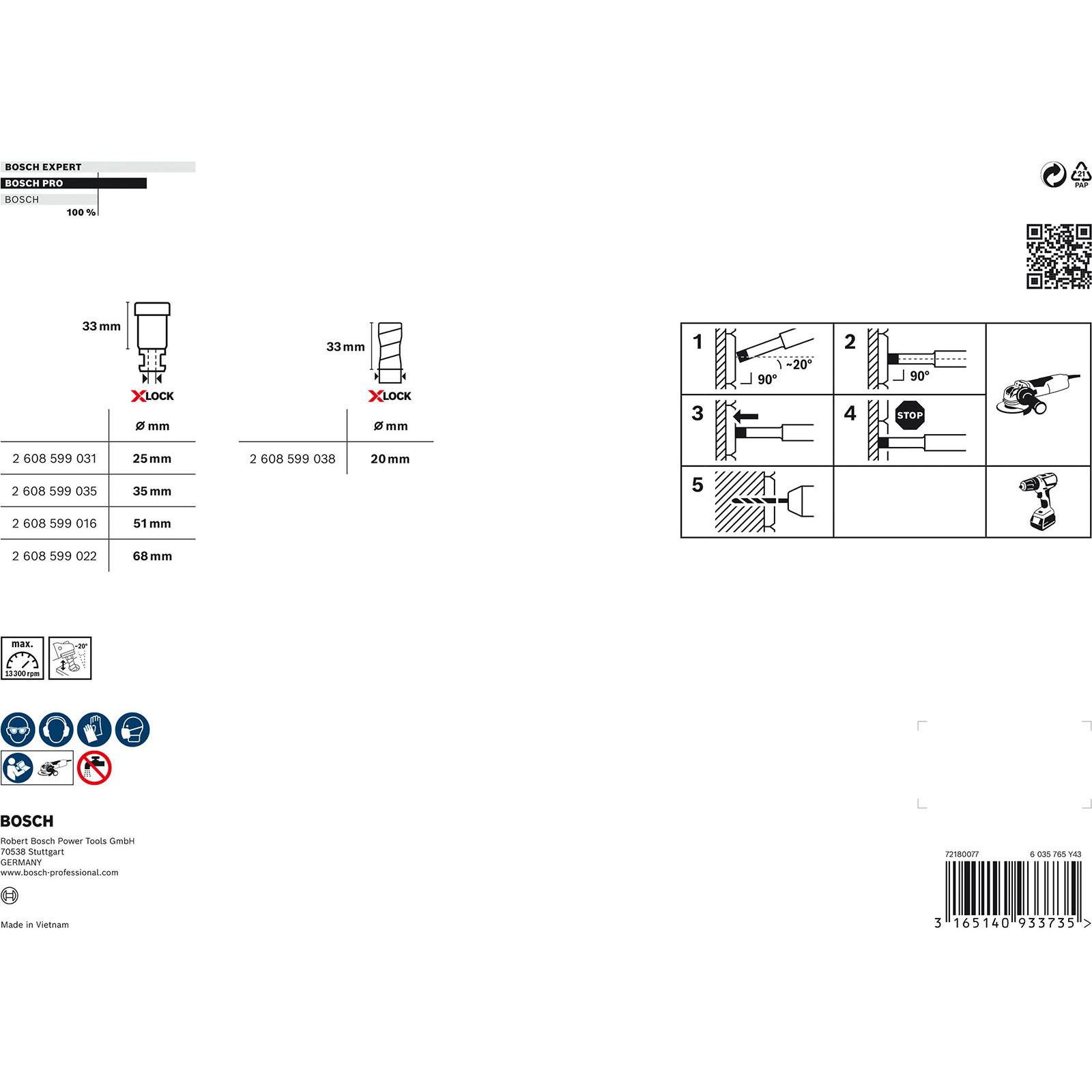 Ein Diagramm mit Produktabmessungen und Anweisungen. Enthält ein Bosch-Logo und Sicherheitssymbole.