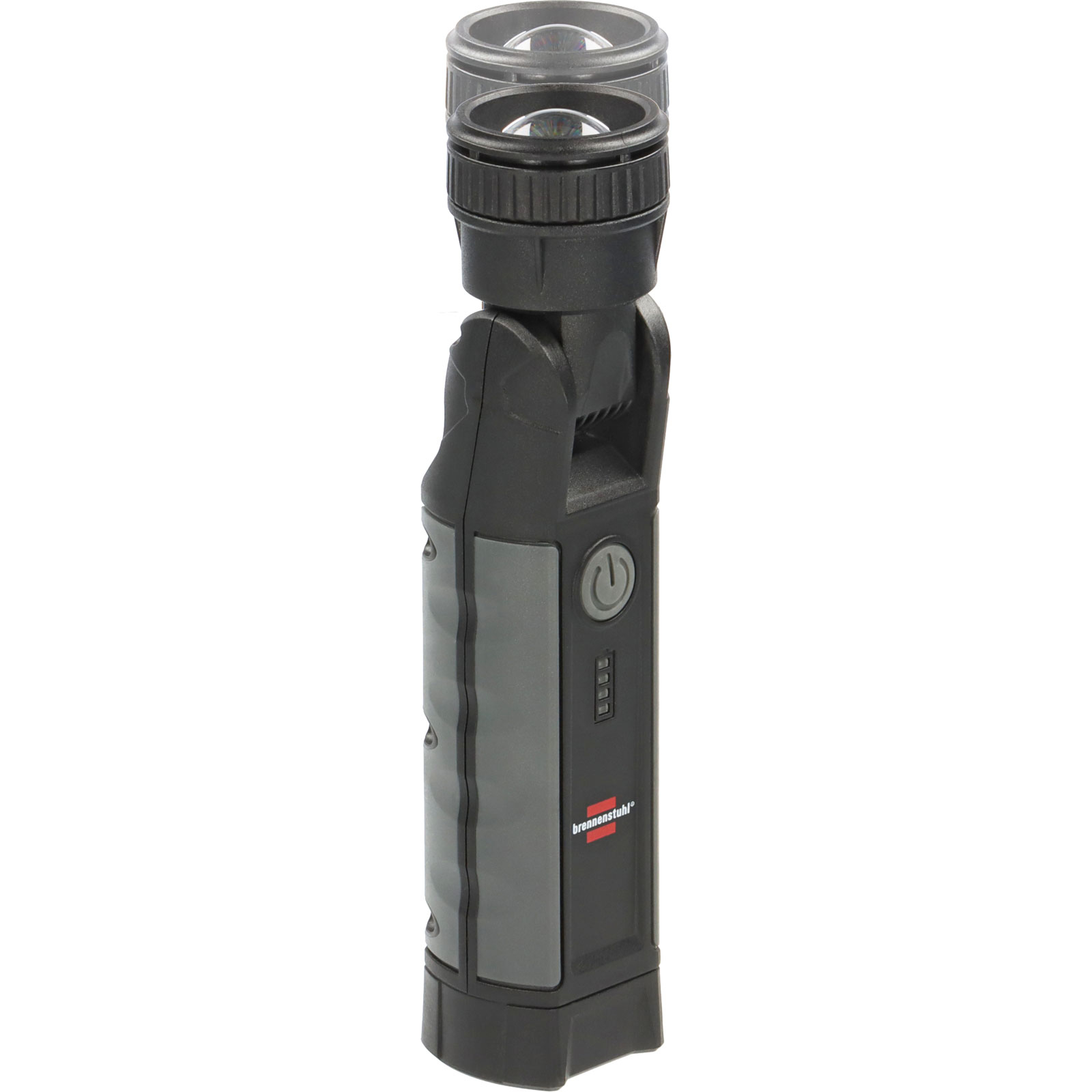 Czarna i szara lampa robocza z obrotową głowicą. Ma przycisk zasilania i wskaźniki poziomu baterii.