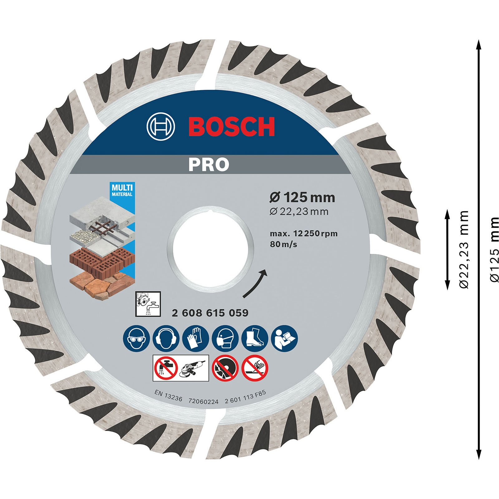 Bosch Pro logosu ve güvenlik talimatları içeren bir daire testere bıçağı. Çok malzemeli bir tasarıma sahiptir.