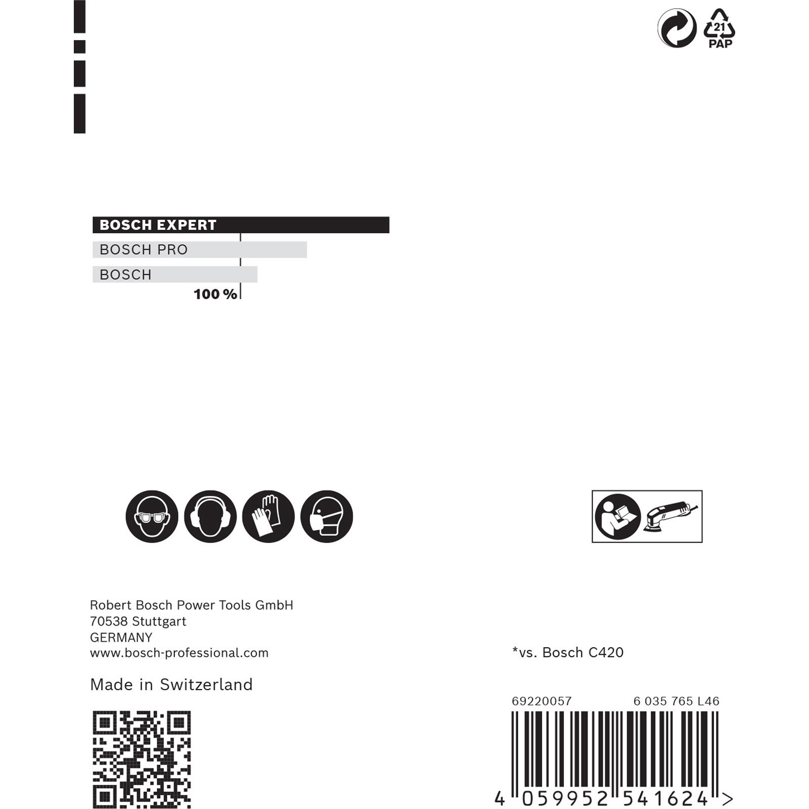 Weiße Produktinformationen mit Bosch-Logo und Sicherheitssymbolen. Der Hintergrund ist weiß.