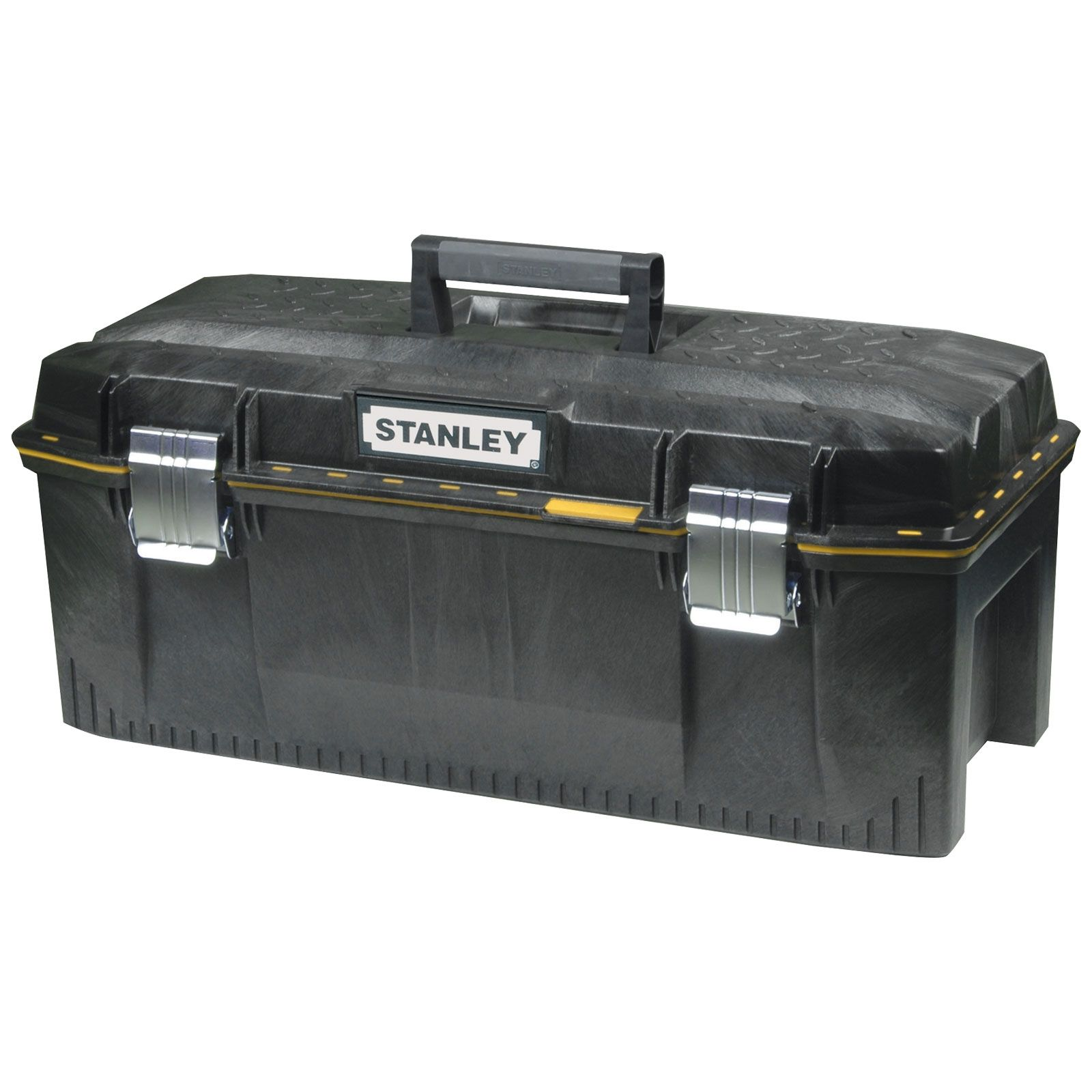 Una caja de herramientas negra con asa y cierres plateados. La caja tiene detalles amarillos y una etiqueta Stanley.