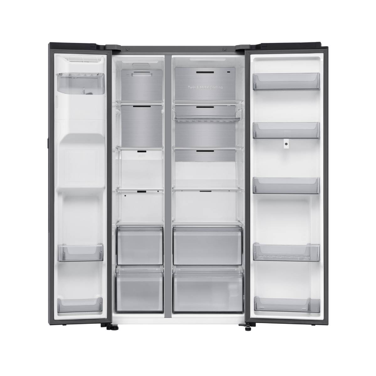 Ein offener schwarzer Kühlschrank mit weißen Regalen und Schubladen. Der Innenraum ist leer und gut beleuchtet.