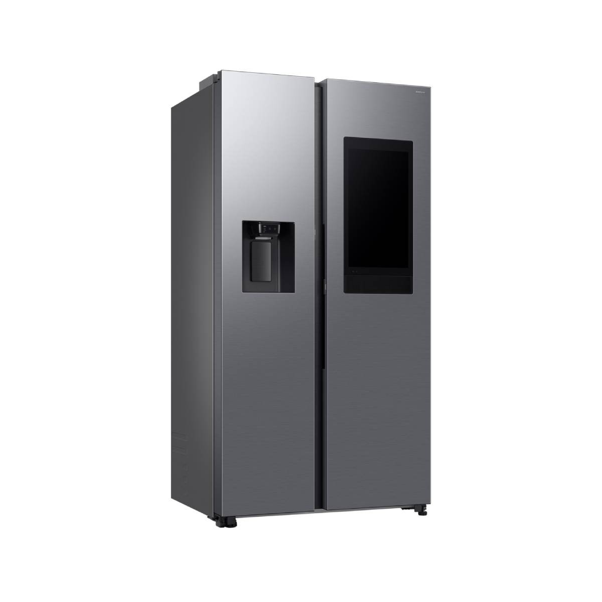 Ein Side-by-Side-Kühlschrank mit dunkelgrauer Oberfläche und Touchscreen-Panel an der rechten Tür. Modernes Design.