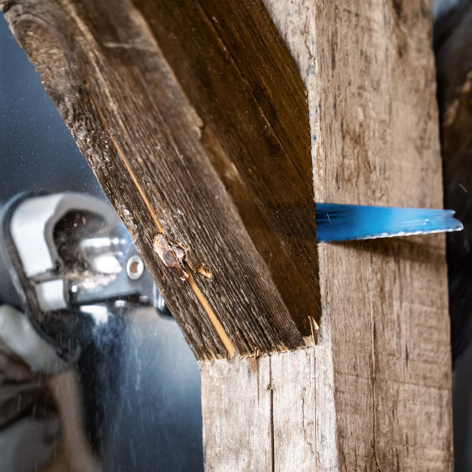Niebieskie ostrze piły tnące drewnianą belkę. Belka jest brązowa, a trociny są widoczne. Narzędzie elektryczne w użyciu.
