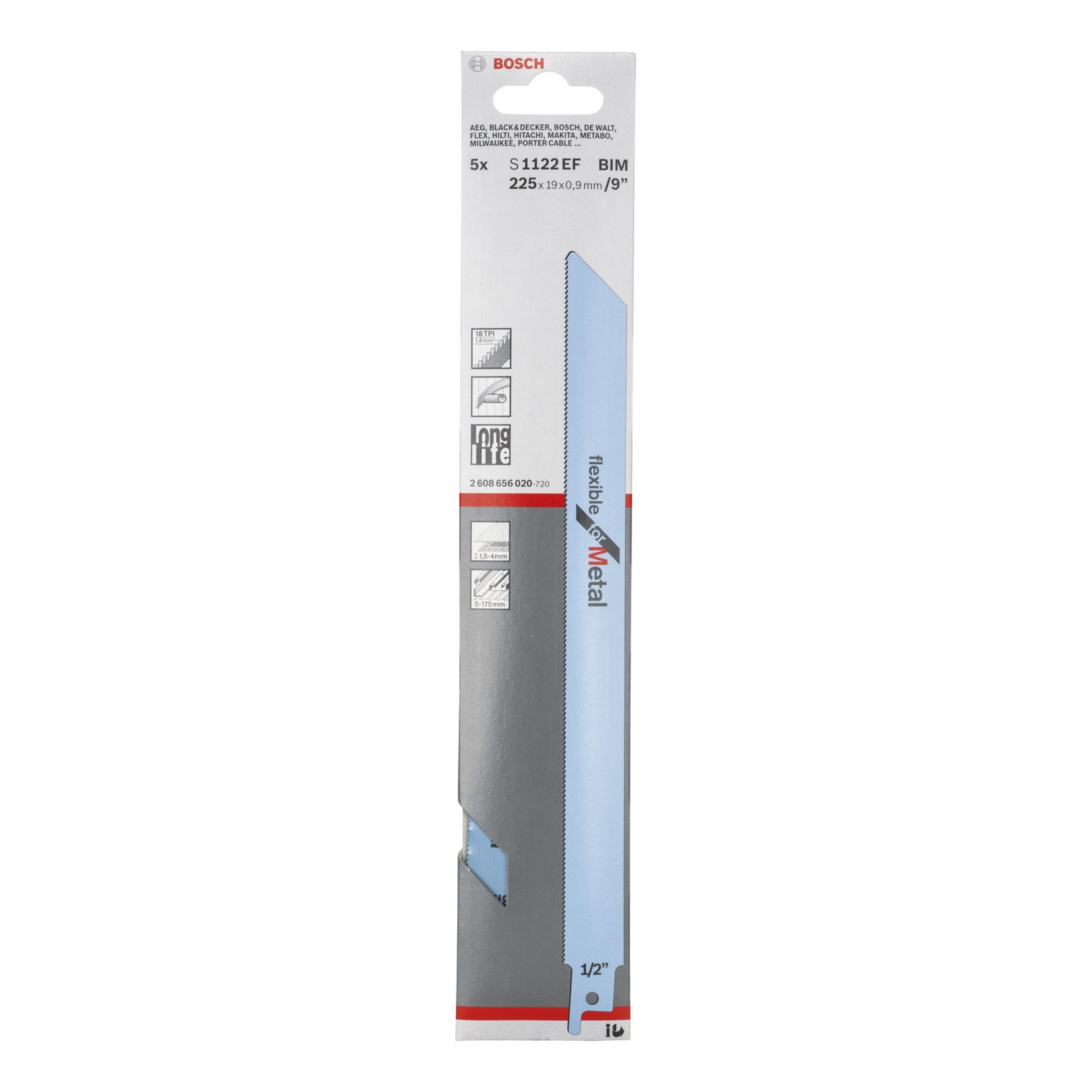 A package of Bosch saw blades. The packaging has a blue and white color scheme and contains text and graphics.