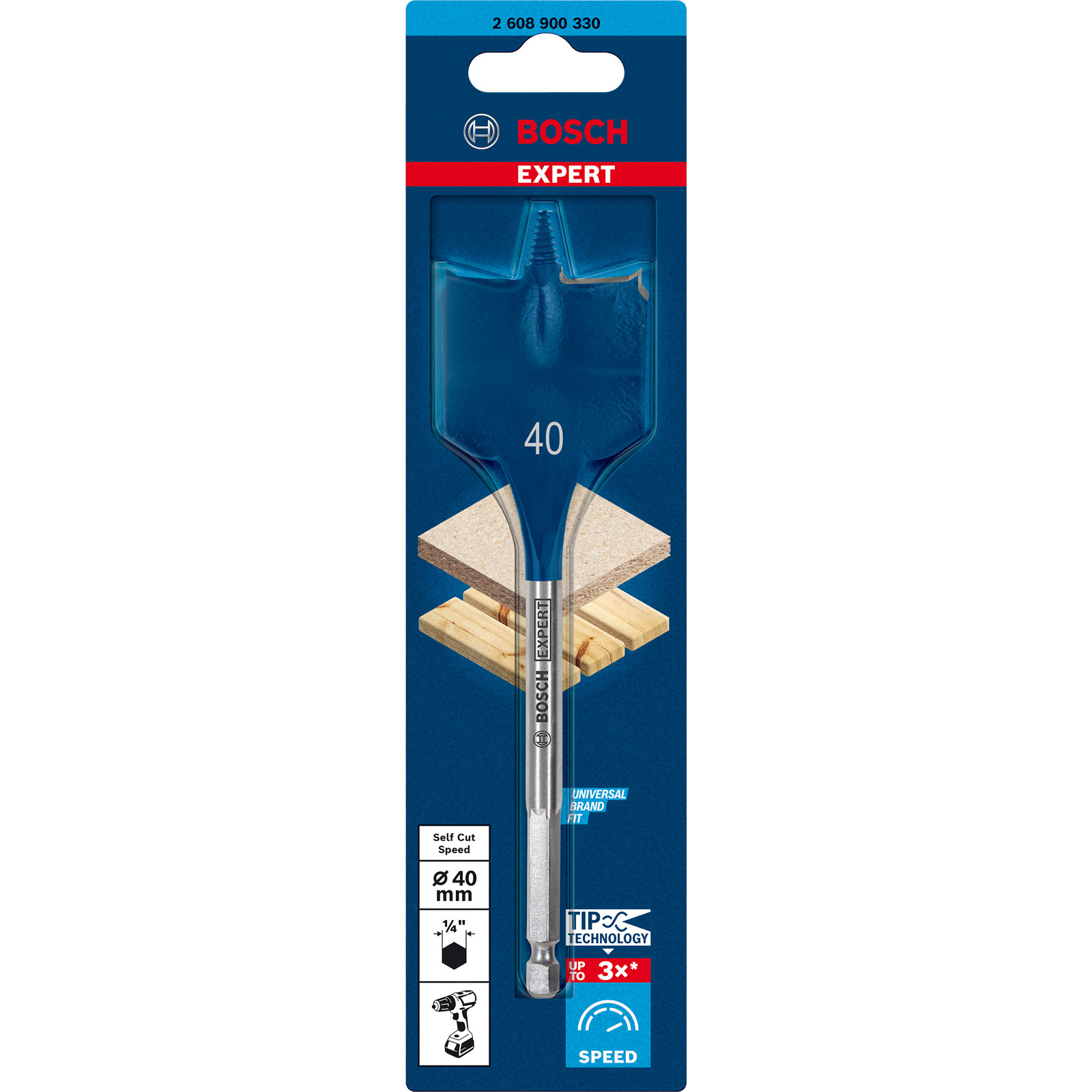 Un paquete de broca para madera Bosch. Azul y blanco, mostrando la broca e información del producto.