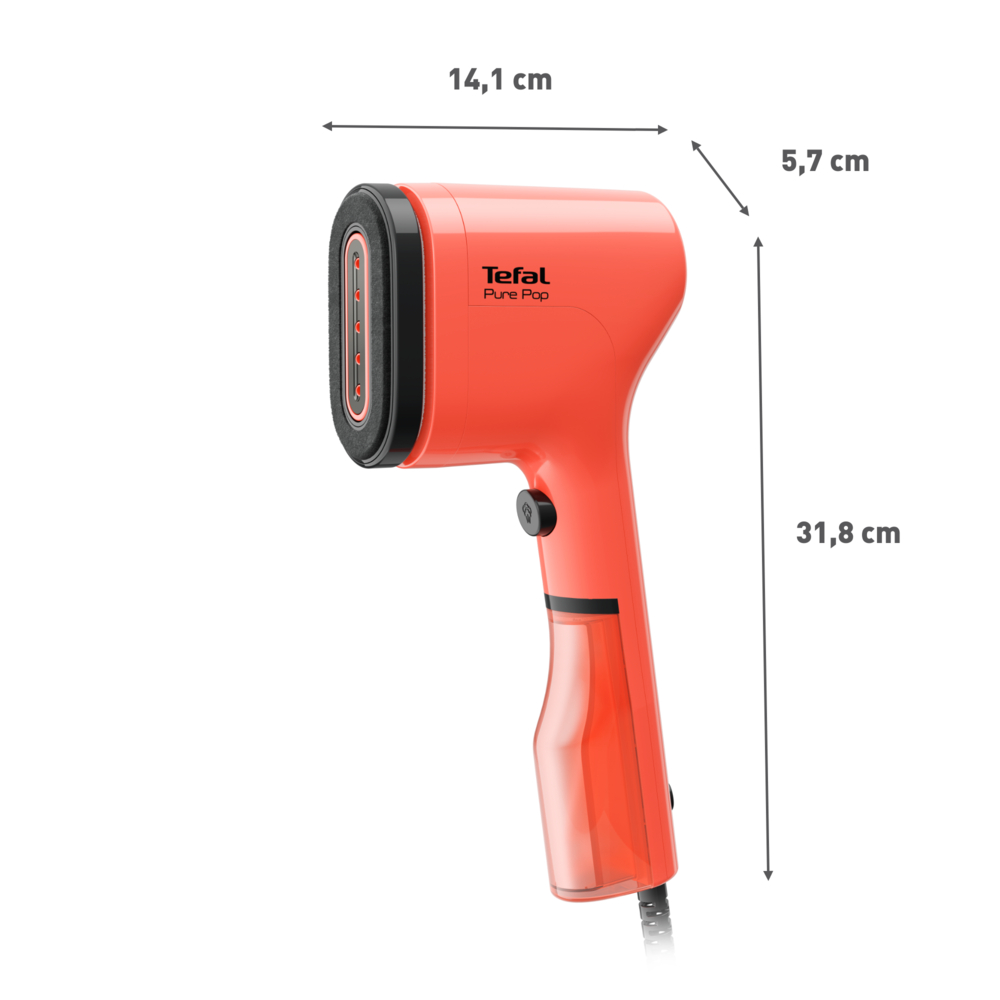 Ein orangefarbener Tefal Pure Pop Dampfglätter. Abmessungen sind angegeben, einschließlich Höhe und Breite. Es ist auf weißem Hintergrund.