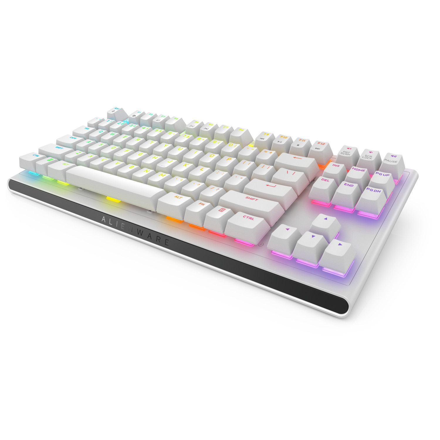 Weiße Tastatur mit bunten Tasten. Die Tasten leuchten in verschiedenen Farben. Weißer Hintergrund.