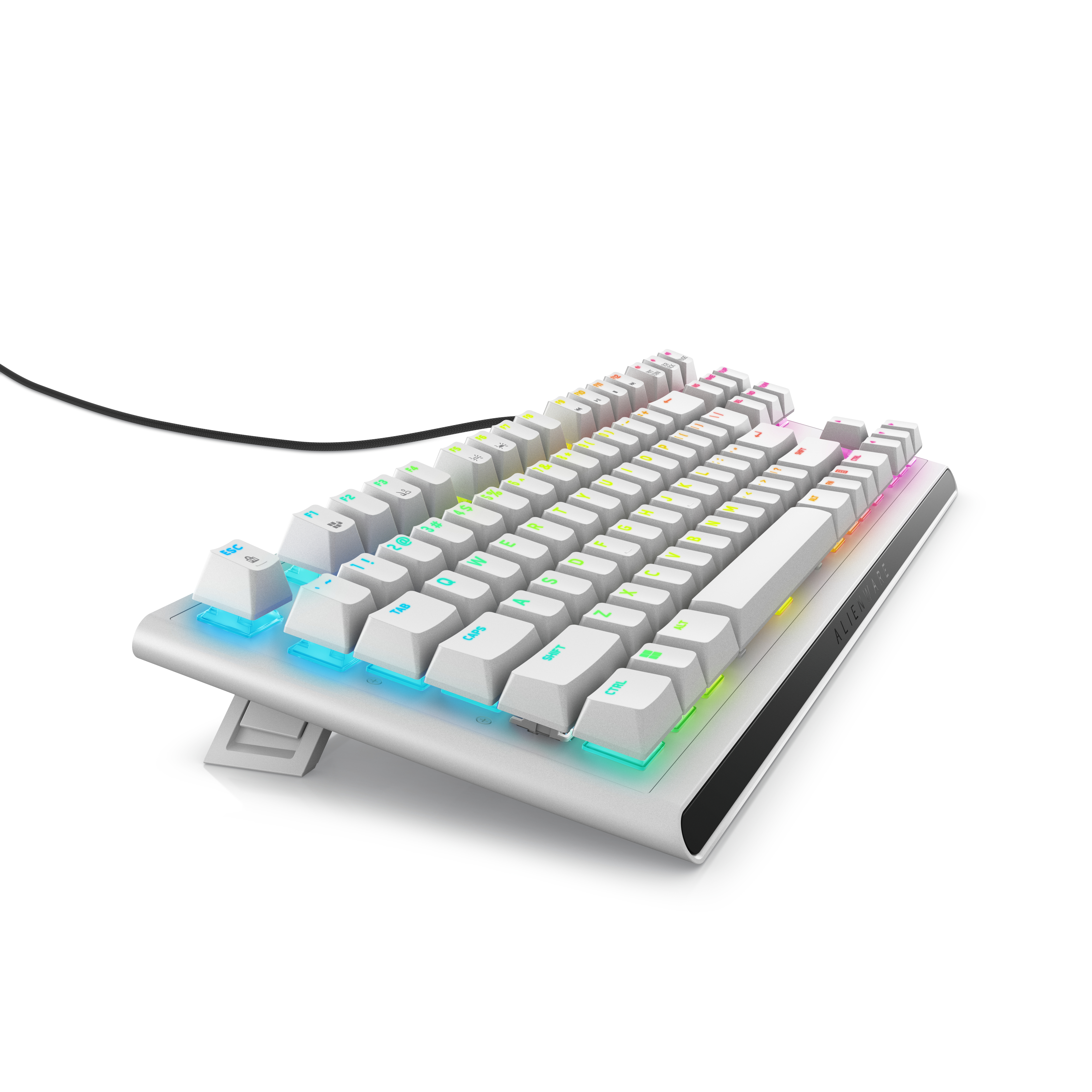 Biała i srebrna klawiatura mechaniczna z kolorowymi podświetlanymi klawiszami na białej powierzchni, czarny kabel.