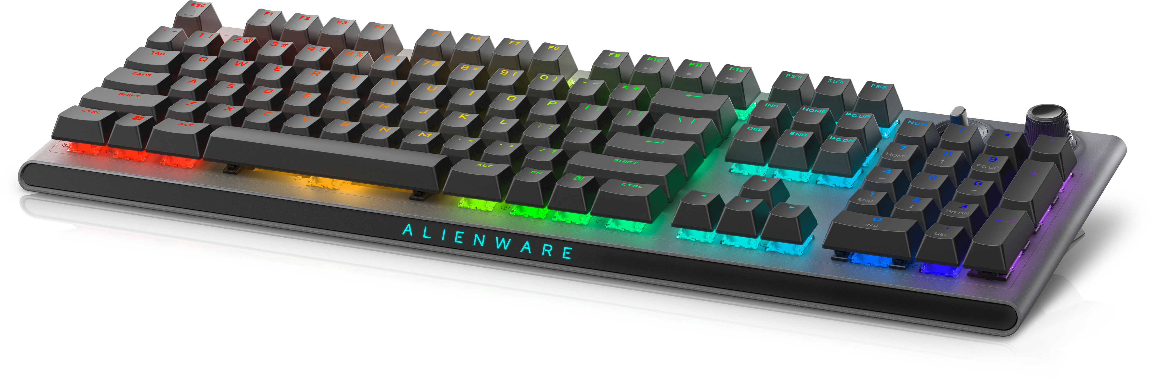 Schwarze mechanische Tastatur mit Regenbogen-beleuchteten Tasten, das Wort 'ALIENWARE' sichtbar.