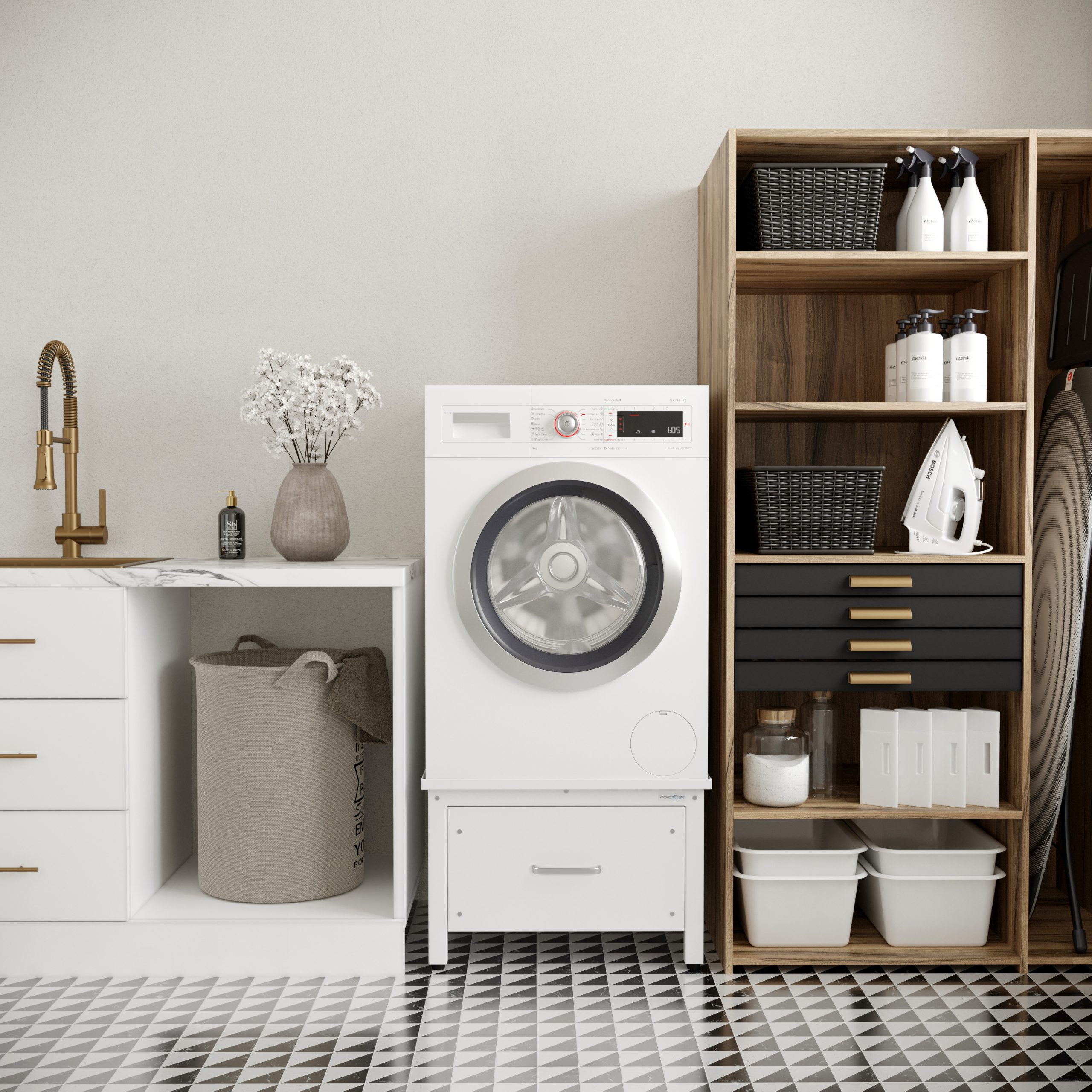 Laundry room with a washing machine, sink, storage, and decorative items. Floors have a geometric pattern.