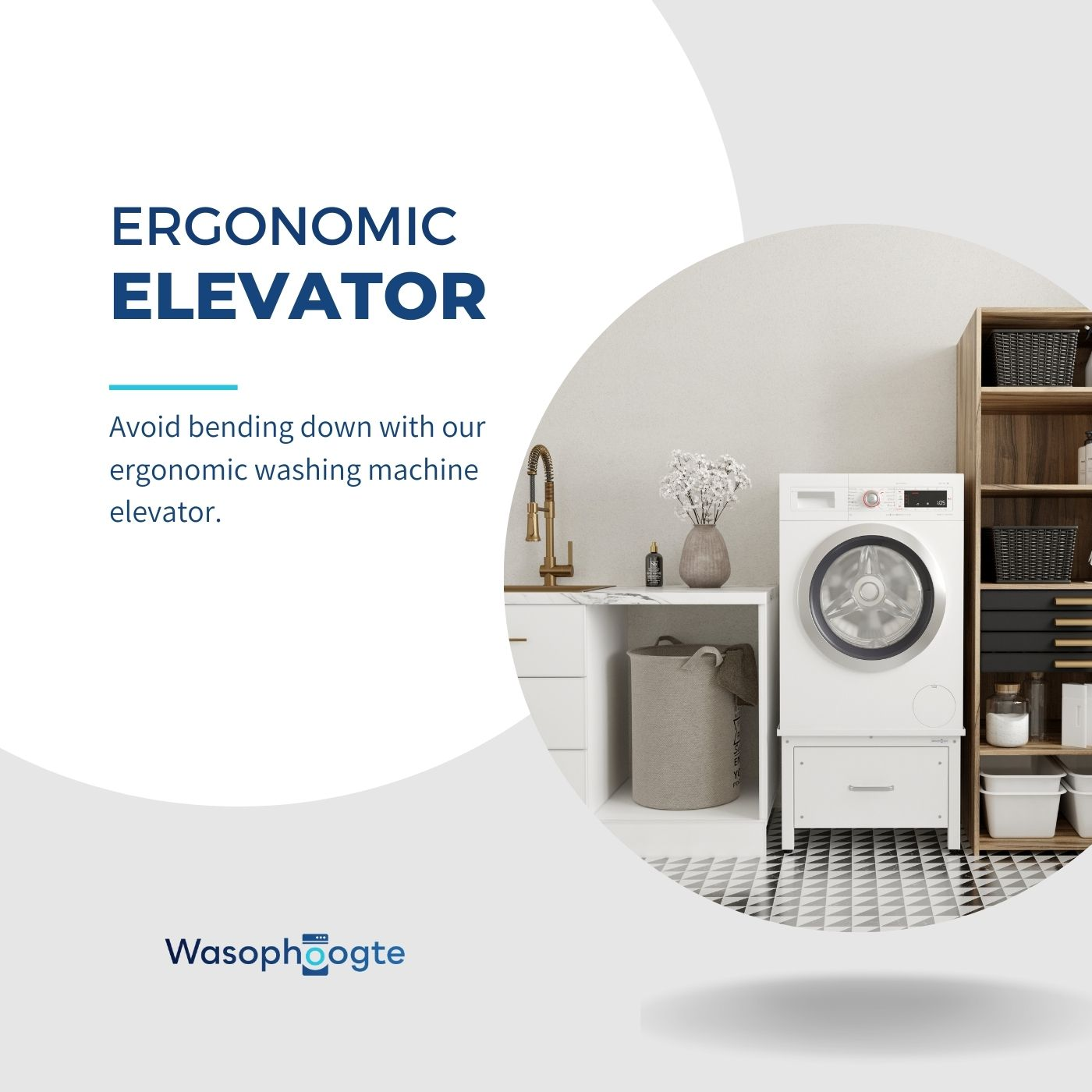 White washing machine elevator. Text: 'Ergonomic Elevator'. Avoid bending down with our elevator.
