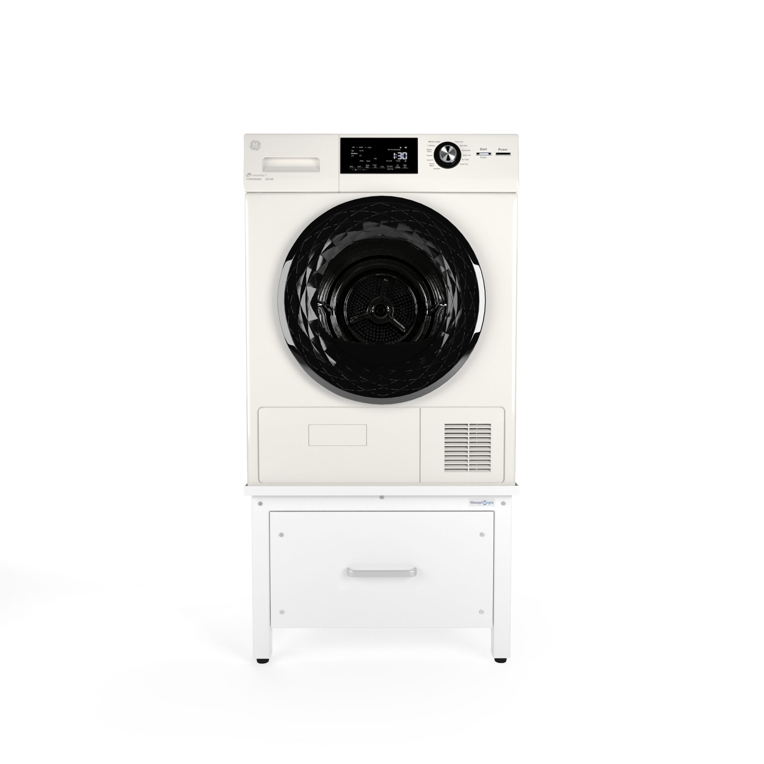 White dryer on a white stand with a drawer. Black door with a round design.