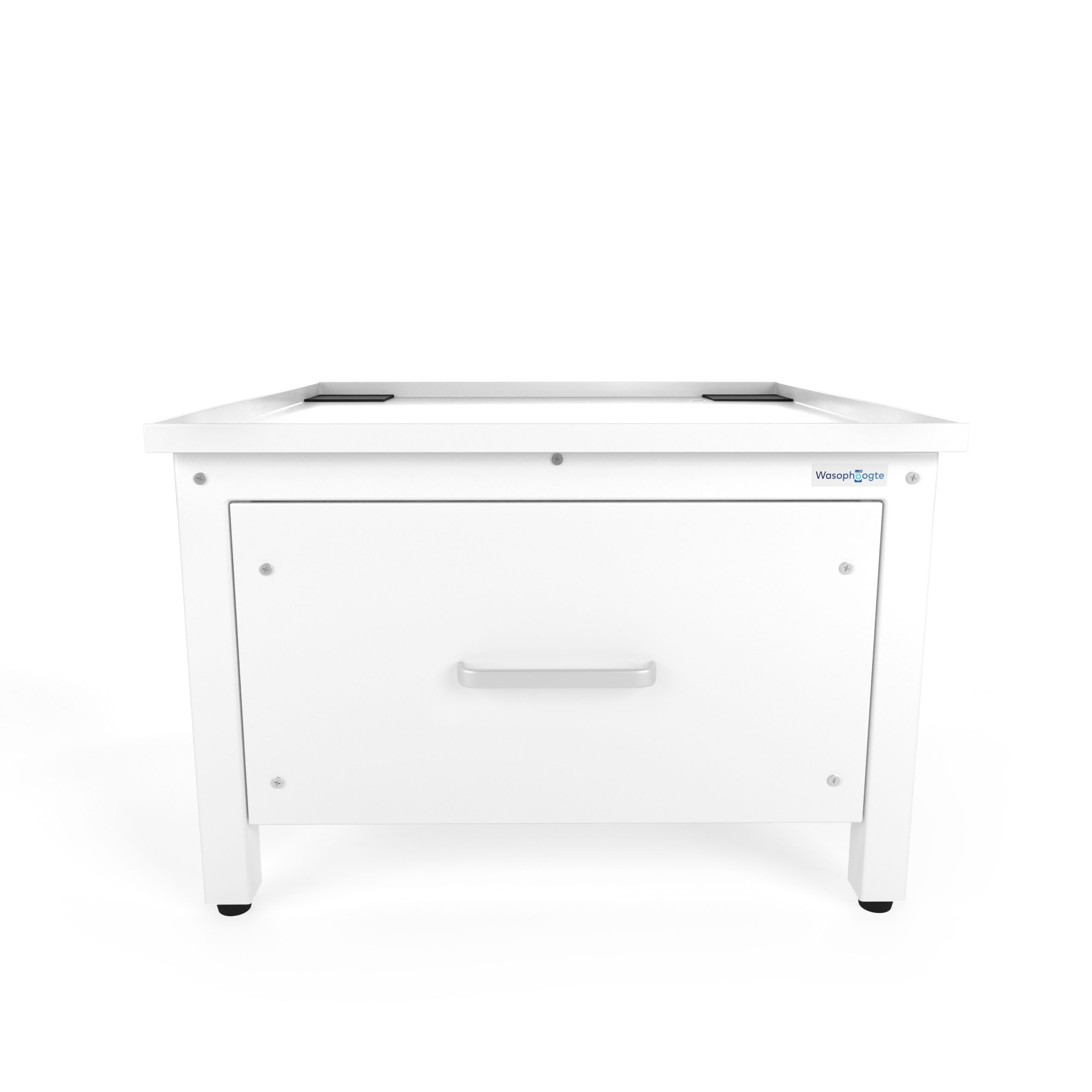White drawer on legs. The front has a handle and a logo. White background.