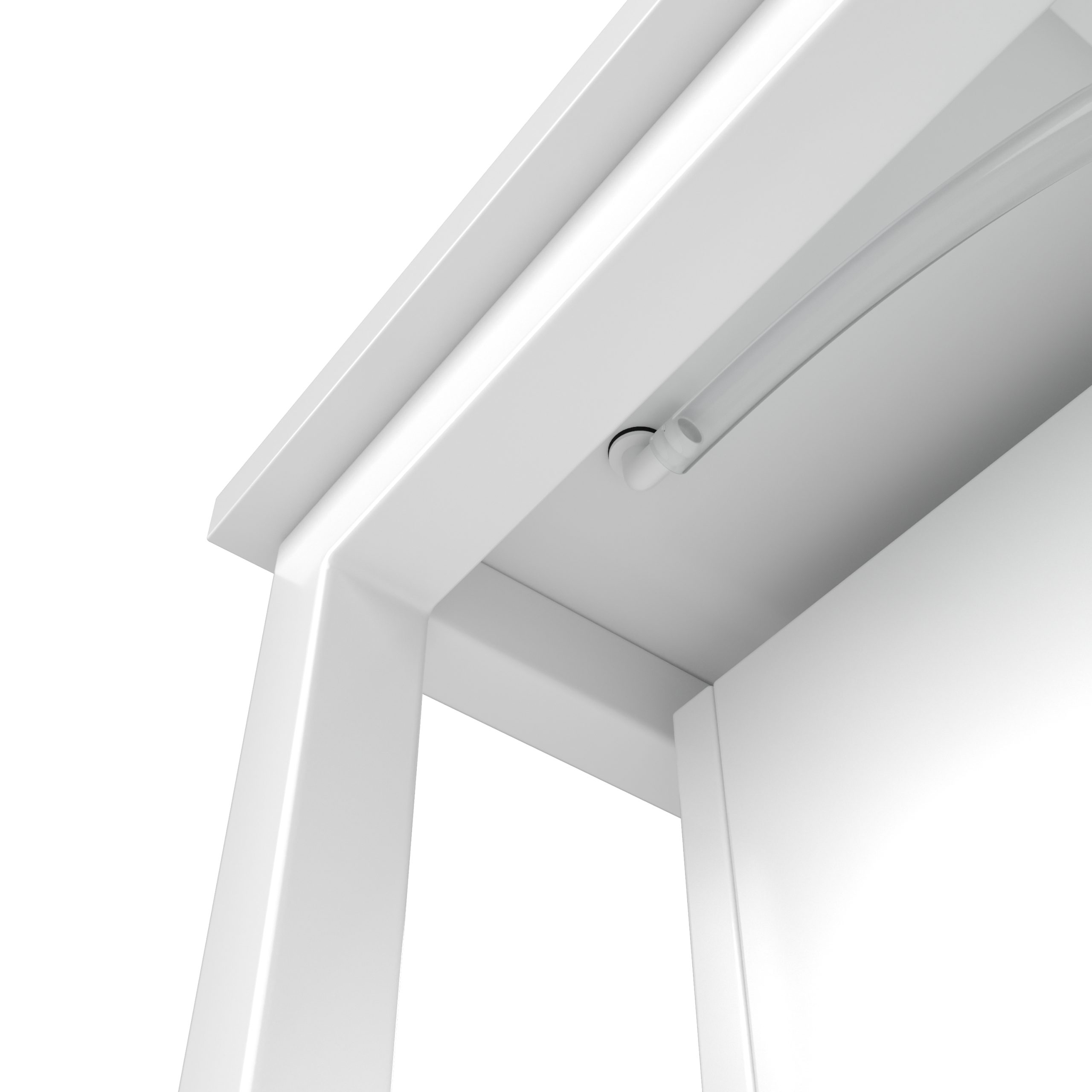 Close-up of a white door frame, with a small light and part of a white door.