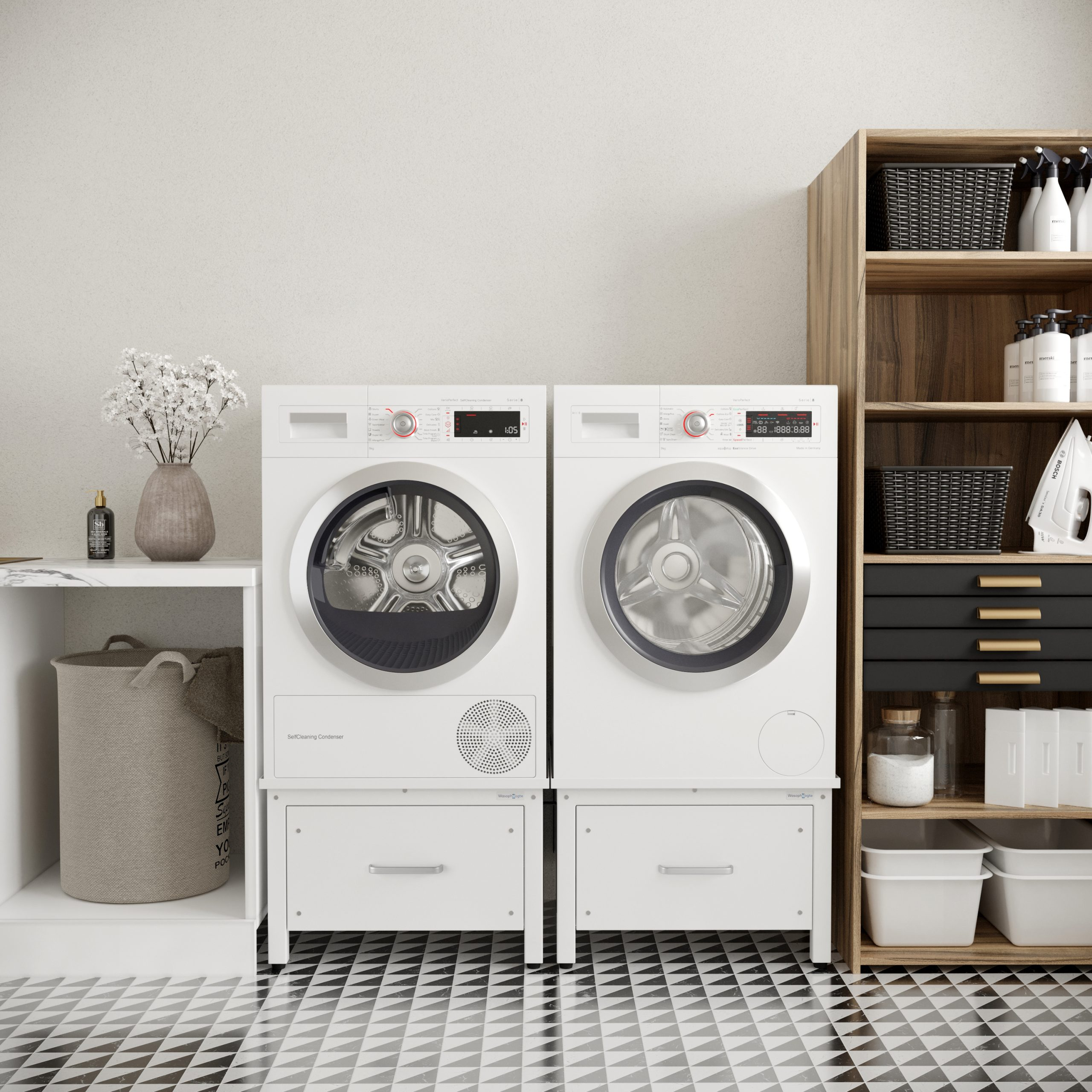 Laundry room with white appliances, a wooden shelf, and a patterned tile floor.