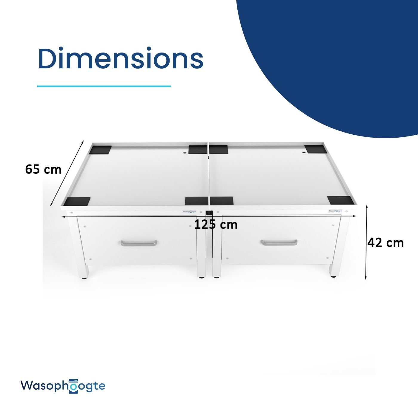 White cabinet with two drawers. Dimensions are shown, it's 125cm wide and 42cm tall. Black feet.