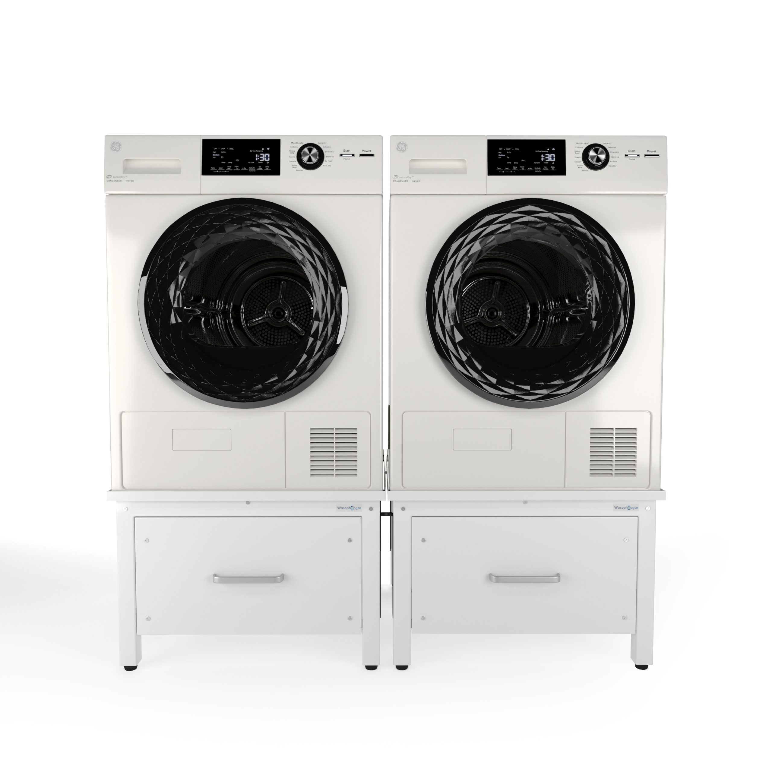 Two white GE dryers on white stands. Digital displays are visible. The background is white.