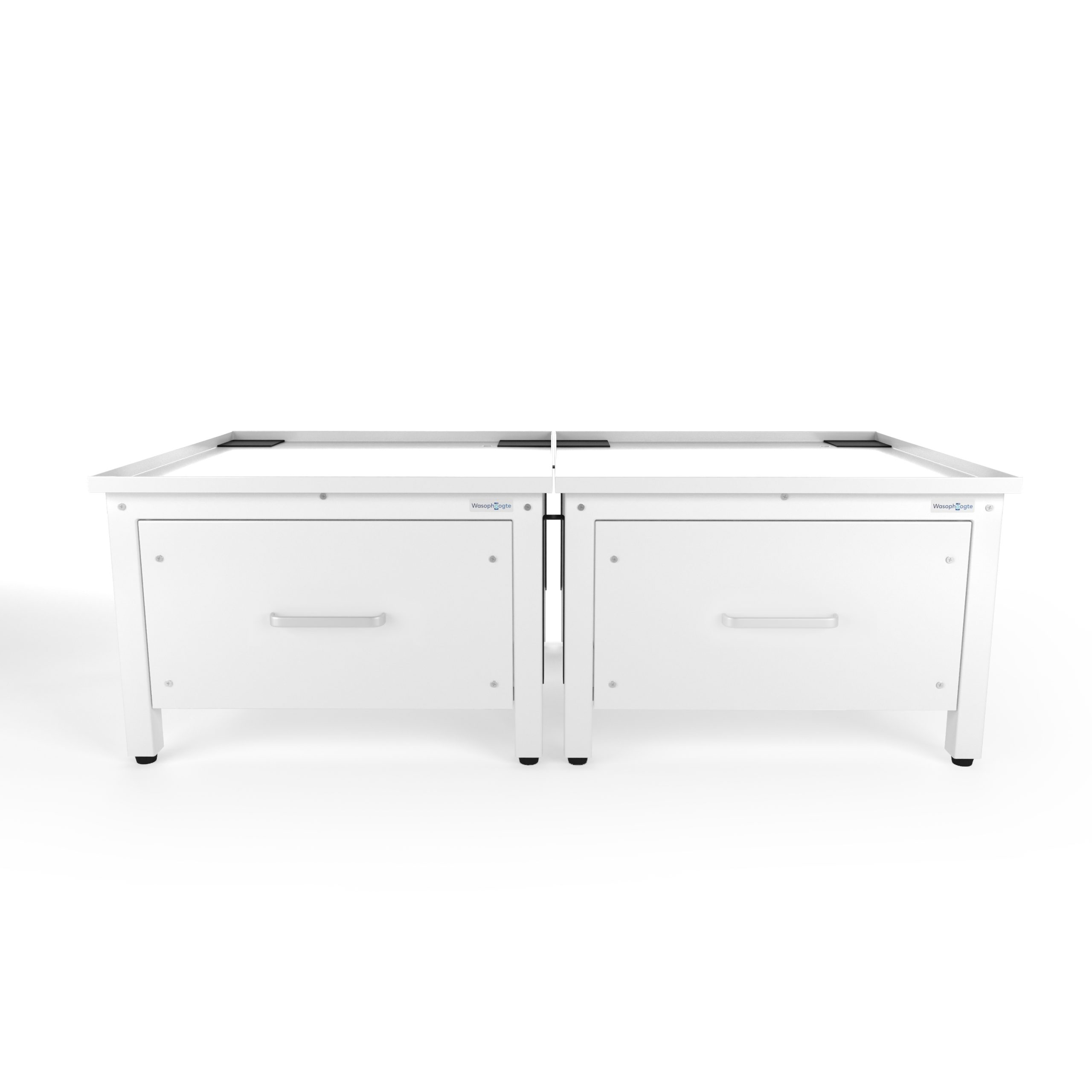 Two white cabinets with drawers are joined, with a white surface on top and a light blue logo.