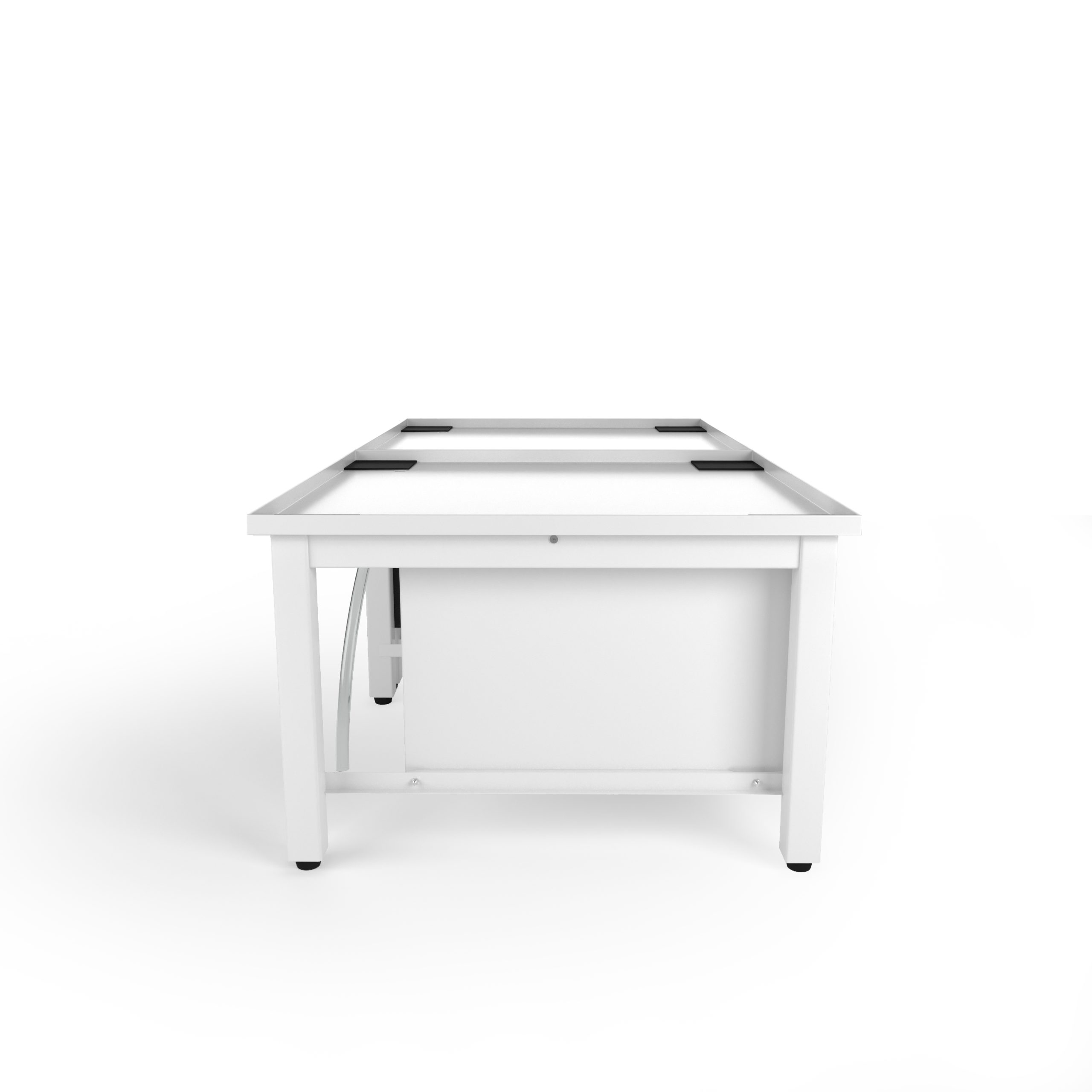 A white table with black accents and a white background, low-angle shot.