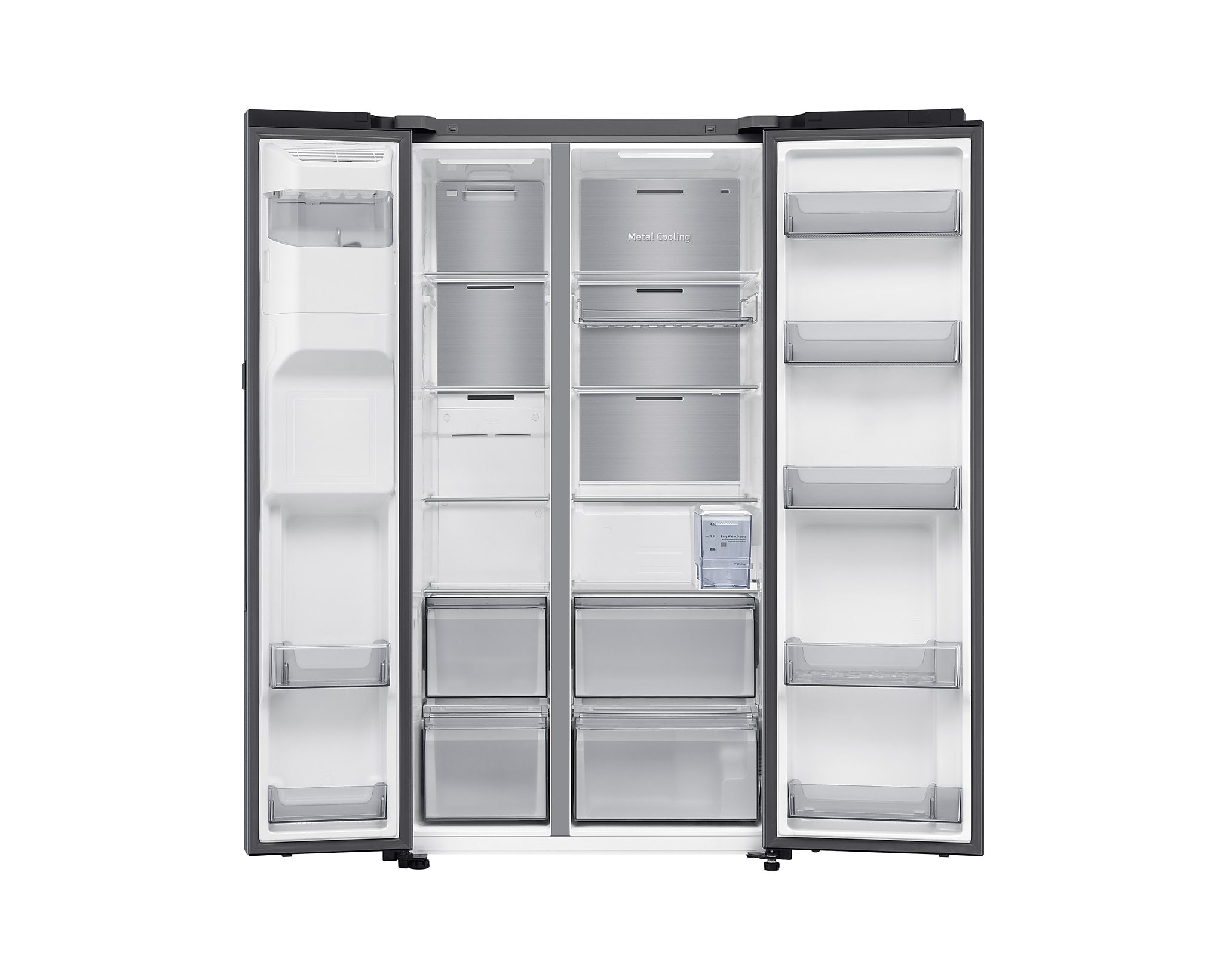 Ein geöffneter schwarzer Kühlschrank mit Regalen, Schubladen und verschiedenen Lebensmitteln, isoliert.