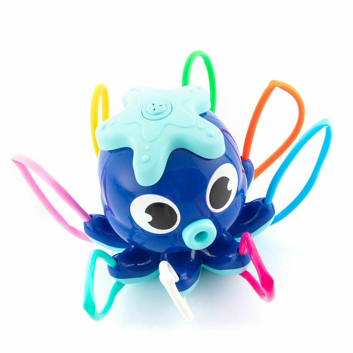 Blaues Oktopus-Spielzeug mit bunten Tentakeln, einem Seestern oben und großen weißen Augen. Es steht auf weißem Grund.