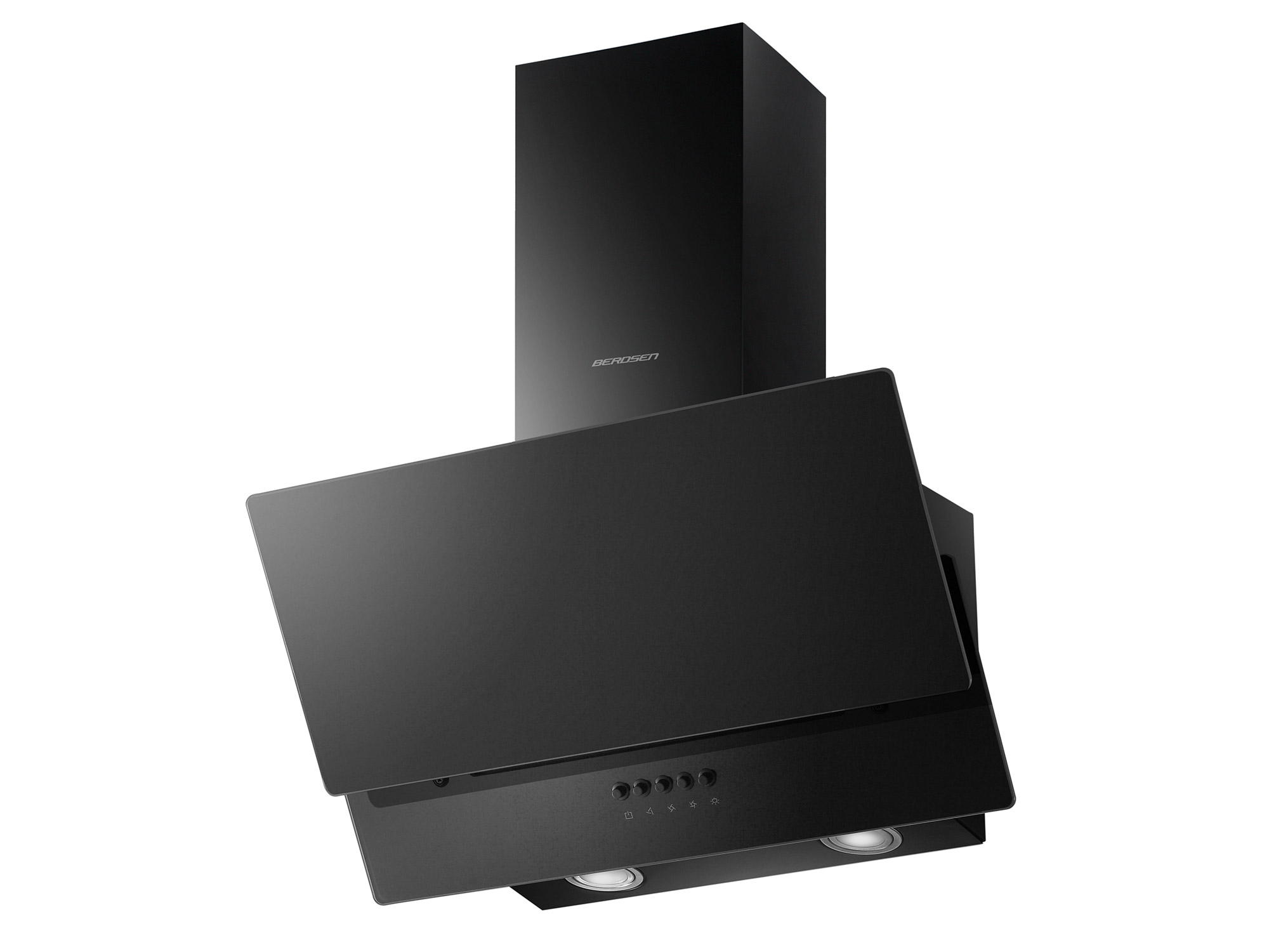 Czarny okap z oświetleniem i skośnym panelem przednim.