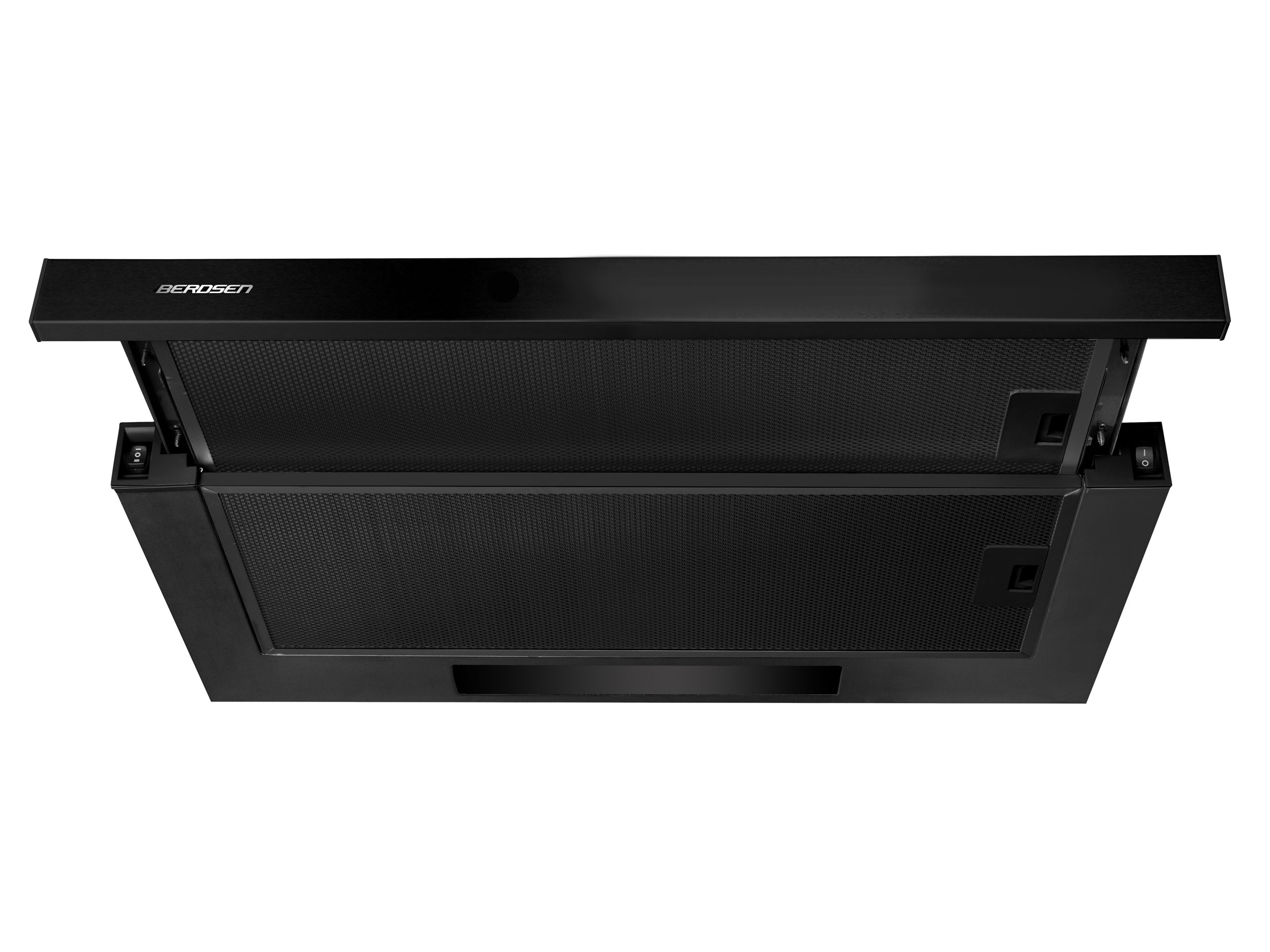 Czarny okap z filtrem, widok z góry.