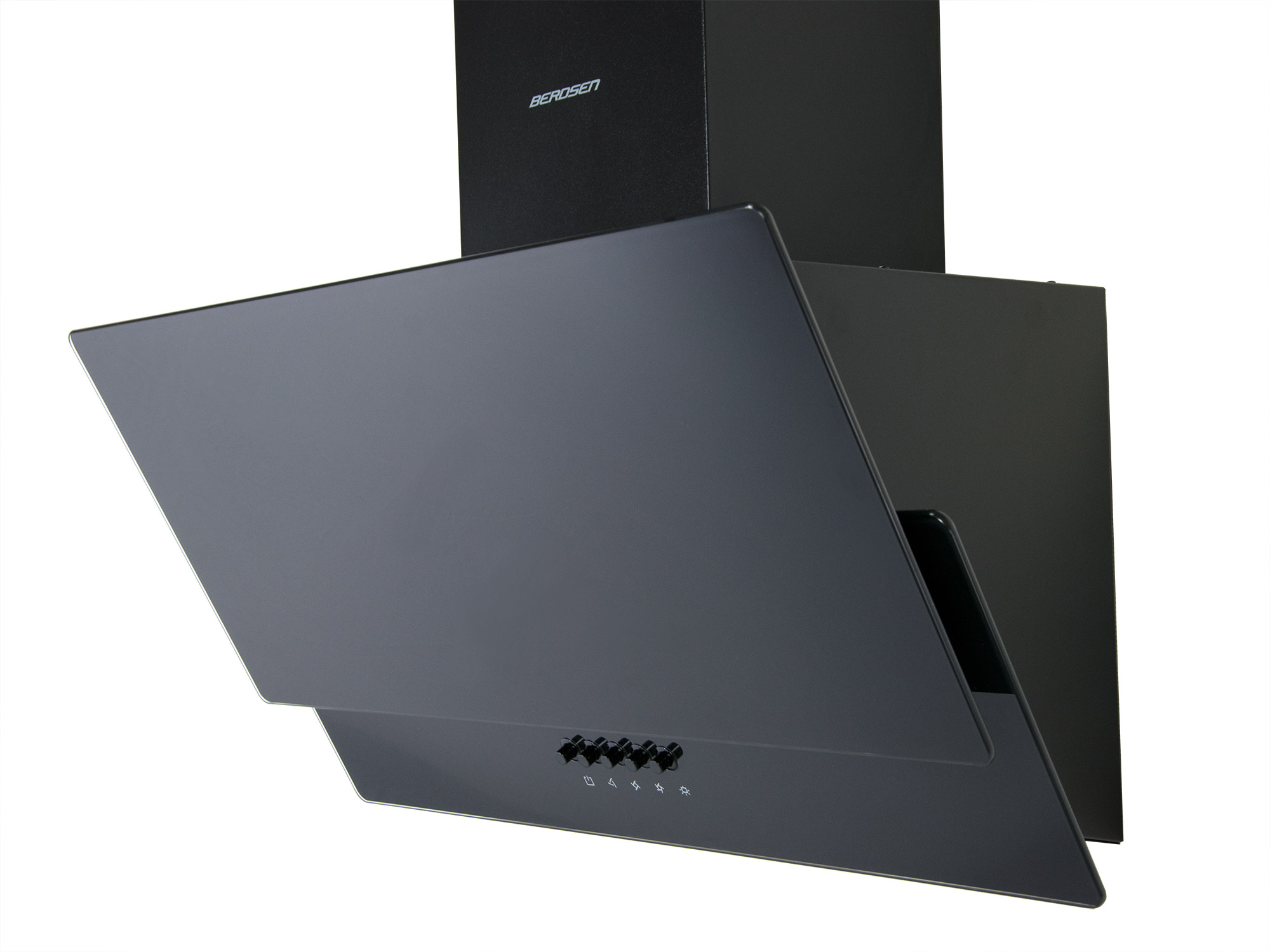 Czarny okap Berosen z szklanym panelem przednim i przyciskami sterowania, na białym tle.