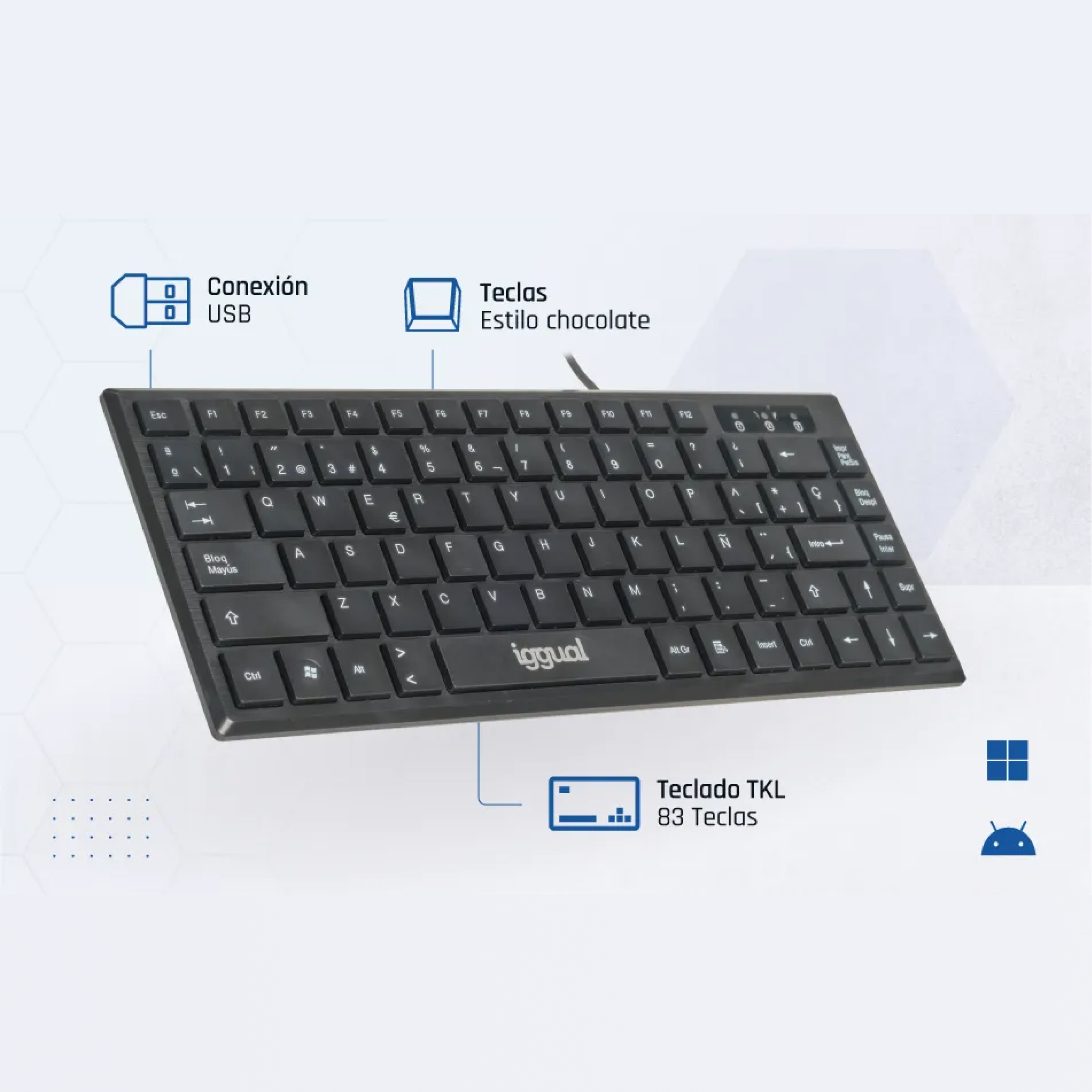 Tastiera nera con connessione USB e tasti stile cioccolato. Ha 83 tasti TKL. Sfondo blu.