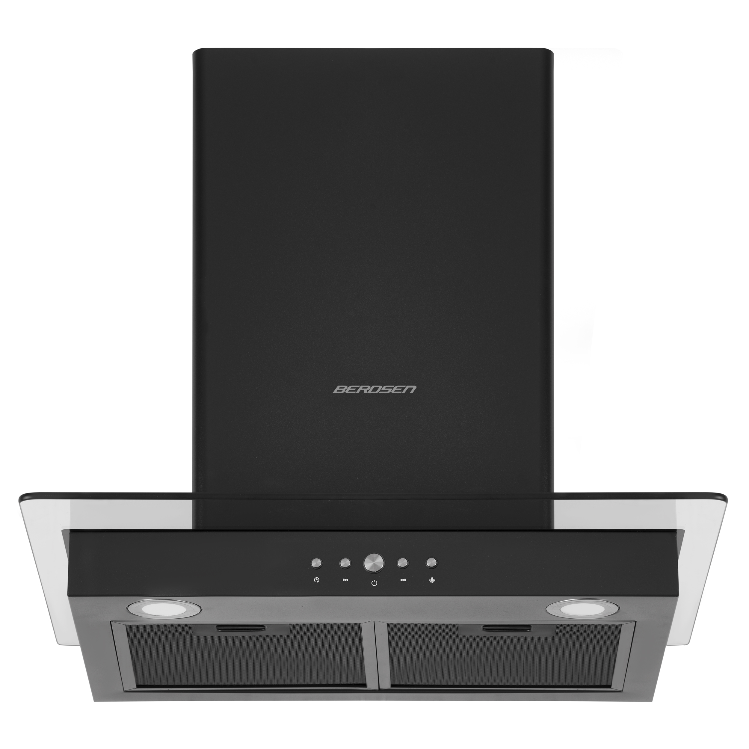 Czarny okap BEROSEN ze szklanym wizjerem i dwoma światłami jest wyśrodkowany na białym tle.