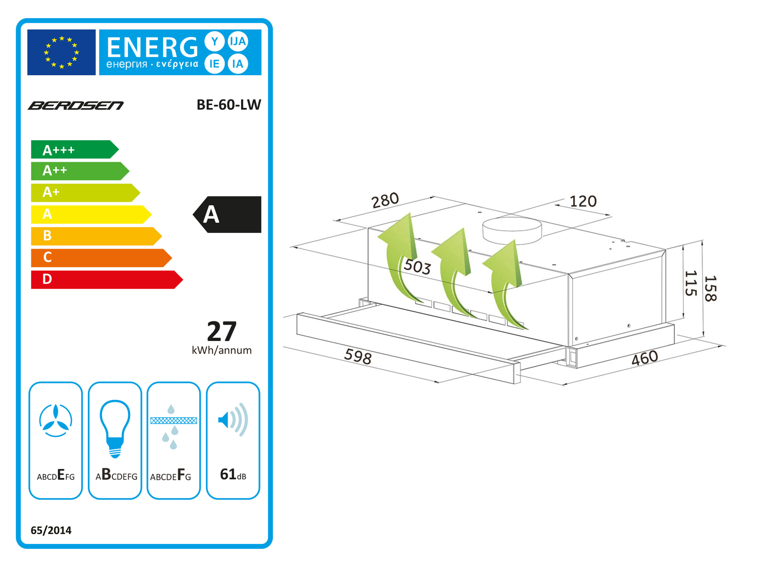 Etykieta efektywności energetycznej dla okapu BEROSEN. Pokazuje oceny i wymiary ze strzałkami.