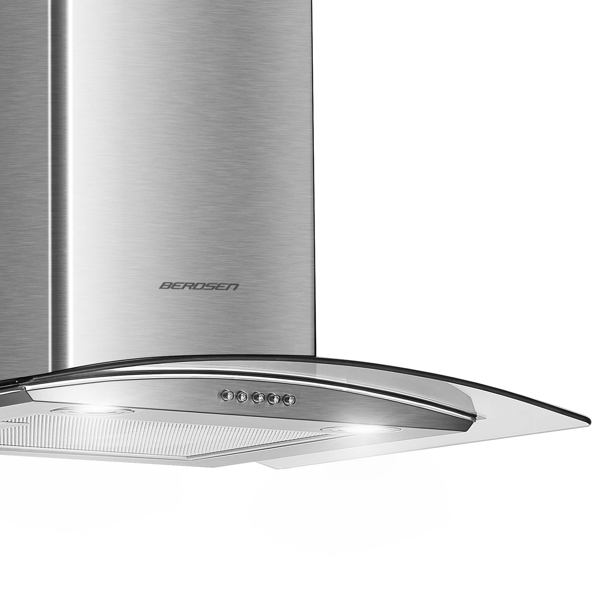 Okap ze stali nierdzewnej ze szkłem, światłami i przyciskami sterowania. Białe tło.