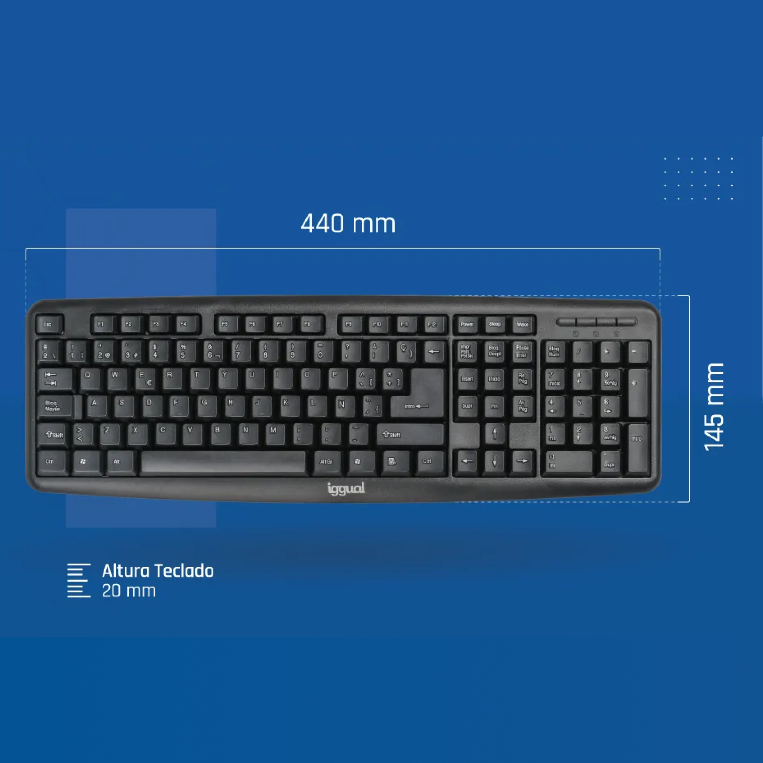 Een zwart computertoetsenbord wordt weergegeven met zijn afmetingen in millimeters gelabeld op een blauwe achtergrond.
