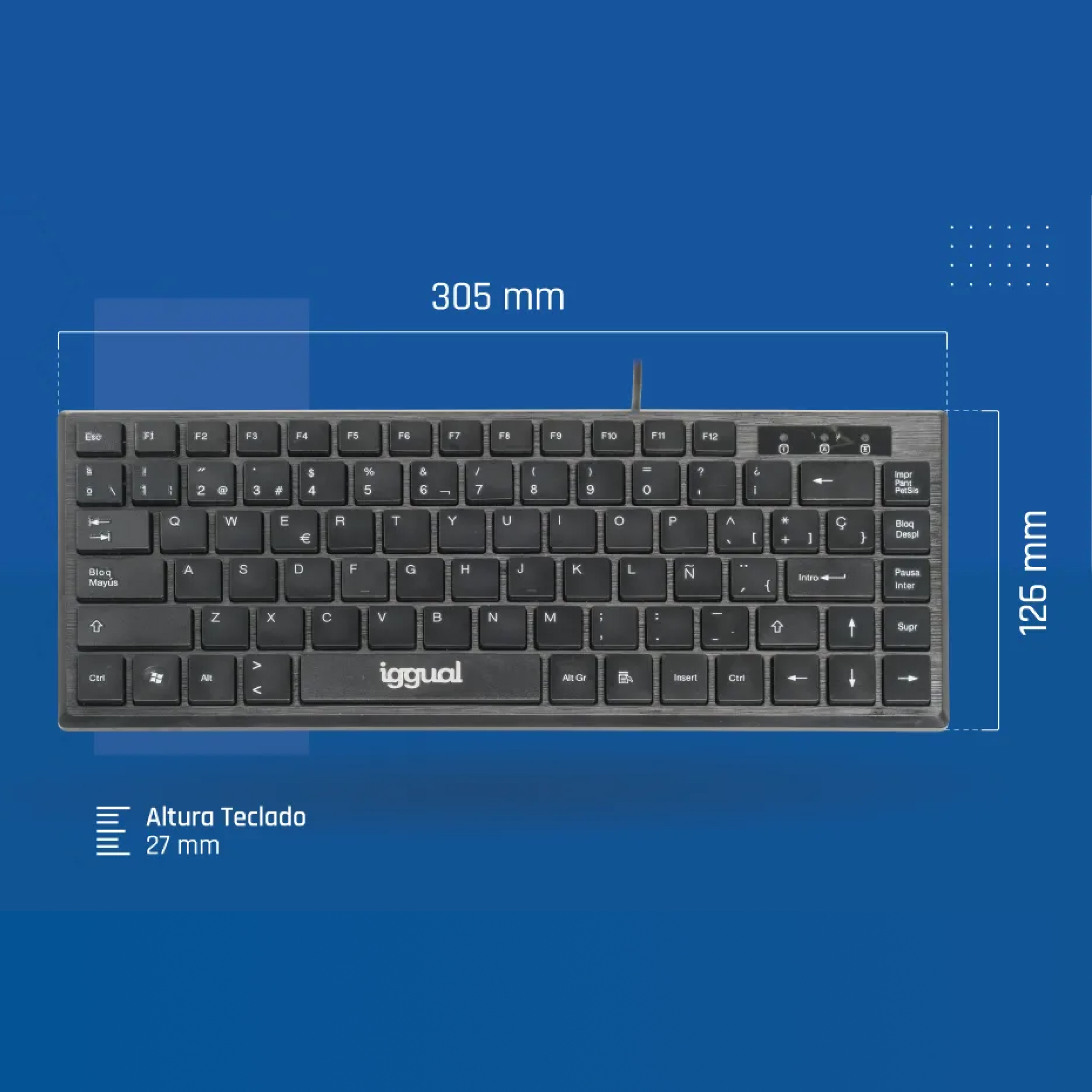 Tastiera grigia e compatta. Layout QWERTY standard con tasti funzione e navigazione.