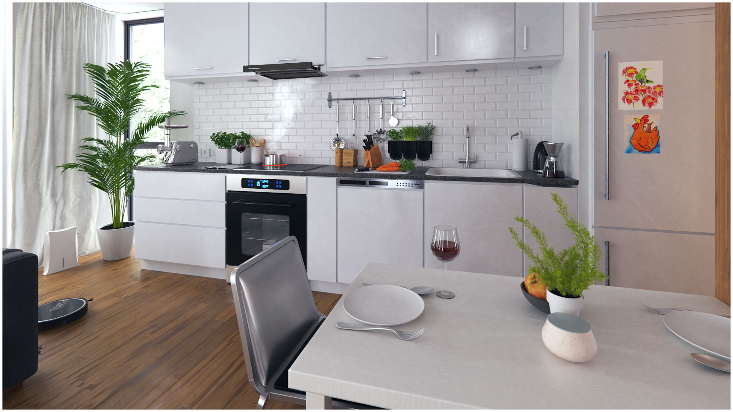 Nowoczesna, jasna kuchnia z białymi szafkami i urządzeniami oraz jadalnią na pierwszym planie.