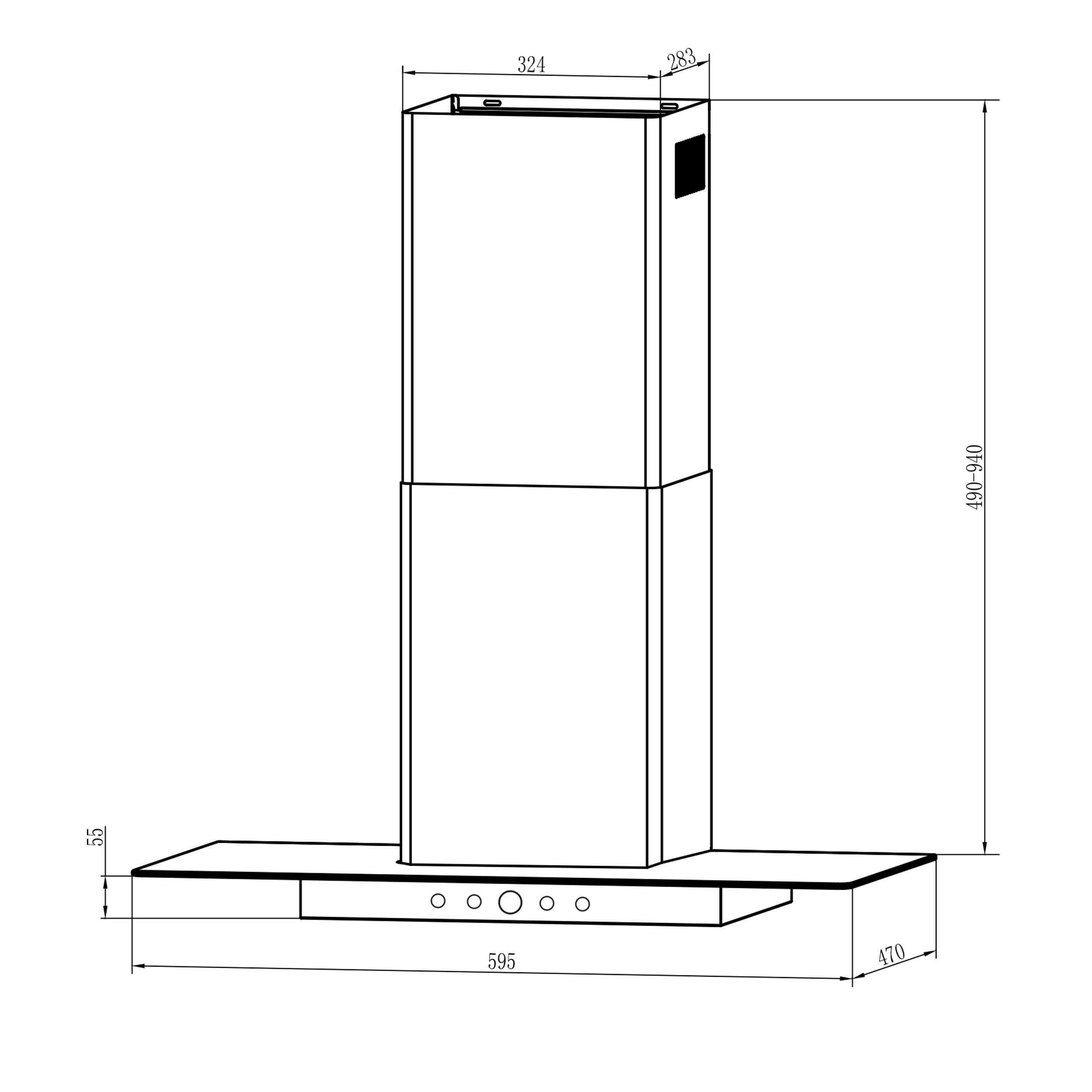 Rysunek techniczny przedstawia wymiary okapu kuchennego, z wymiarami w milimetrach.