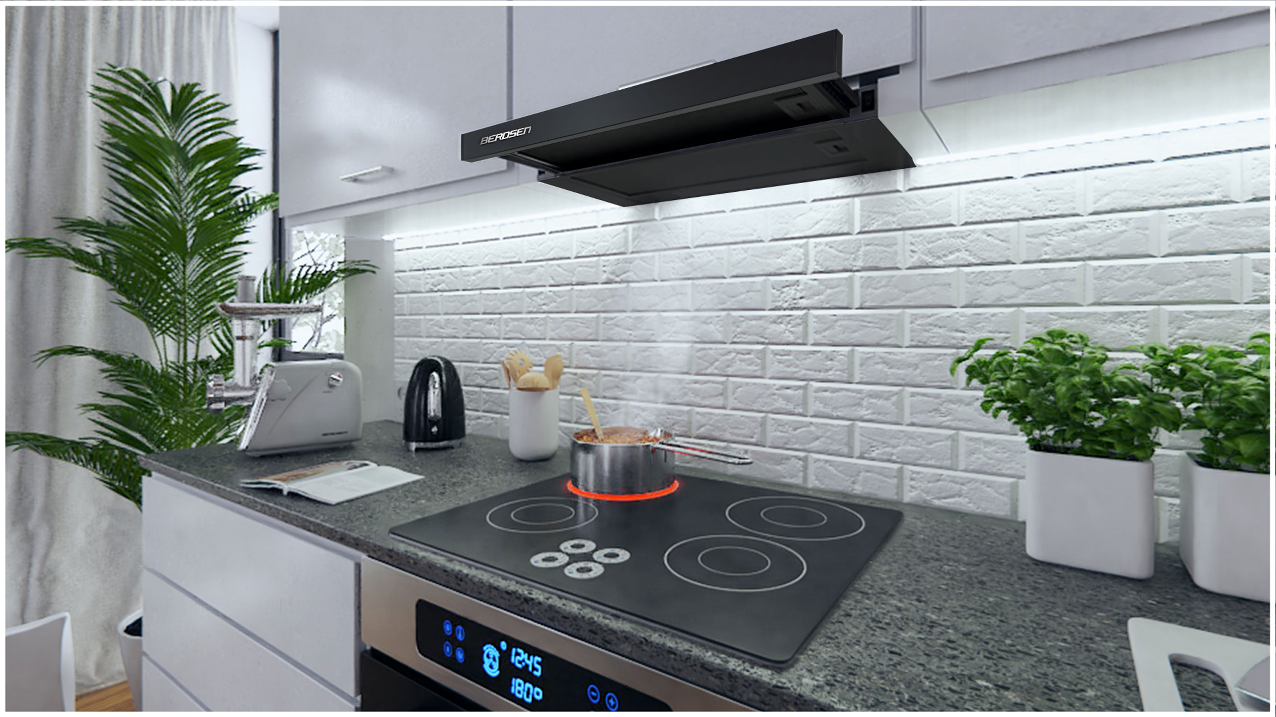 Nowoczesna kuchnia wyposażona jest w czarną kuchenkę, garnek z jedzeniem i czarny okap.