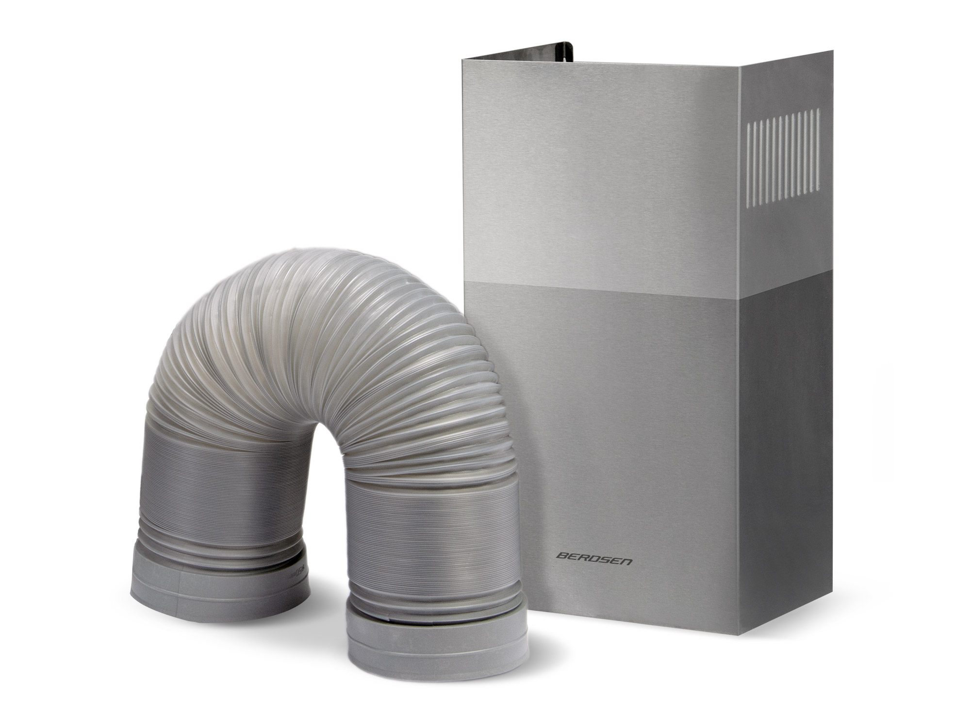 Srebrny okap i elastyczny przewód wydechowy. Okap jest pionowy i ma logo marki.