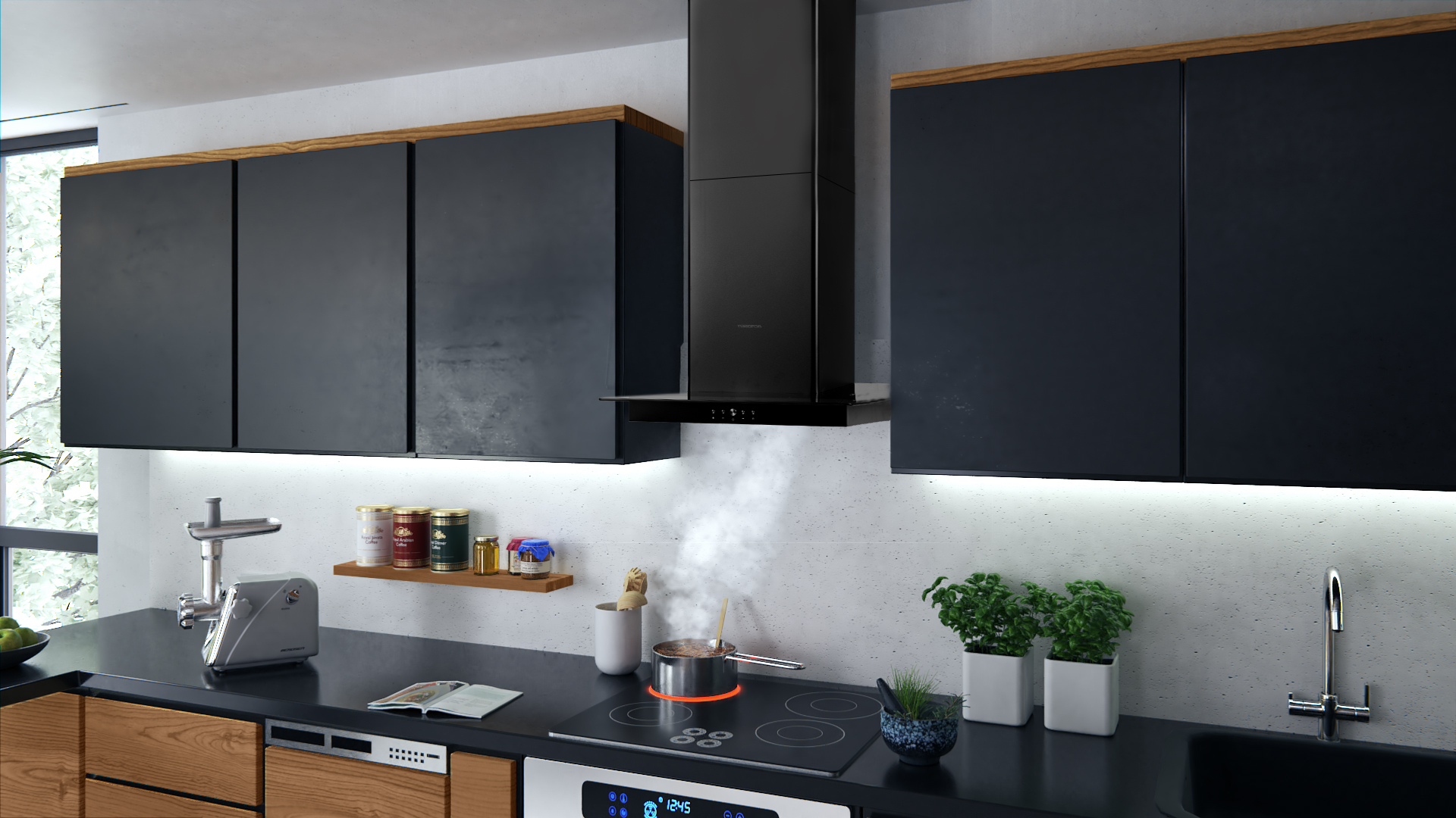 Nowoczesna kuchnia wyposażona jest w czarne szafki, czarny okap i kuchenkę elektryczną z garnkiem.