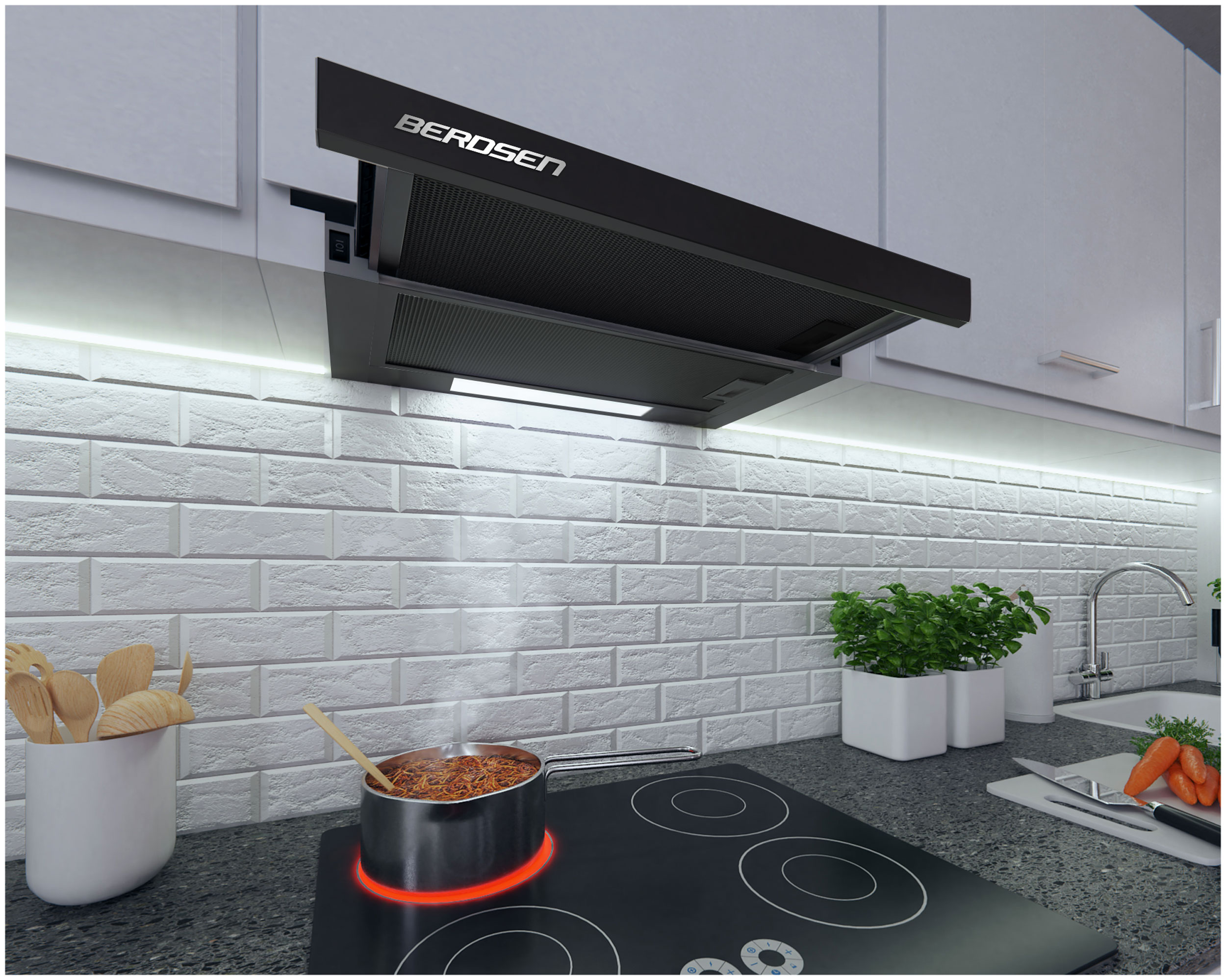 Nowoczesna kuchnia wyposażona jest w czarną kuchenkę, garnek z jedzeniem i czarny okap BEROSEN.