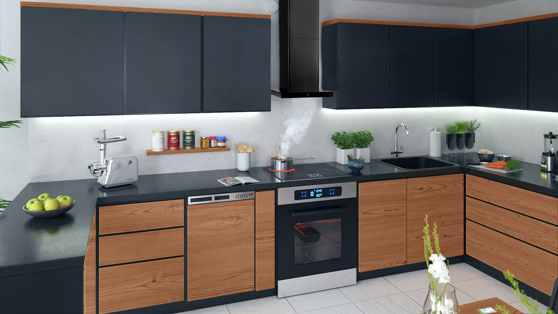 Wnętrze kuchni z ciemnymi szafkami, drewnianymi blatami i kuchenką z parą.