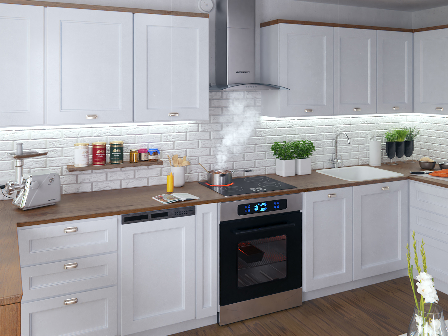 Wnętrze kuchni z białymi szafkami, drewnianym blatem i kuchenką z parą unoszącą się z garnka.