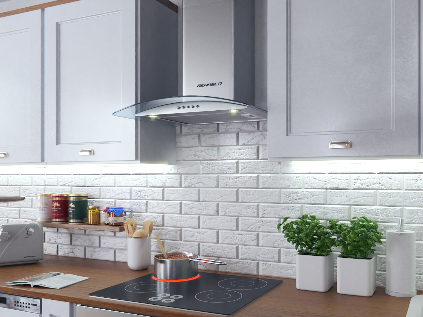 Nowoczesna kuchnia wyposażona jest w srebrny okap, czarną kuchenkę i białą ceglaną ścianę.