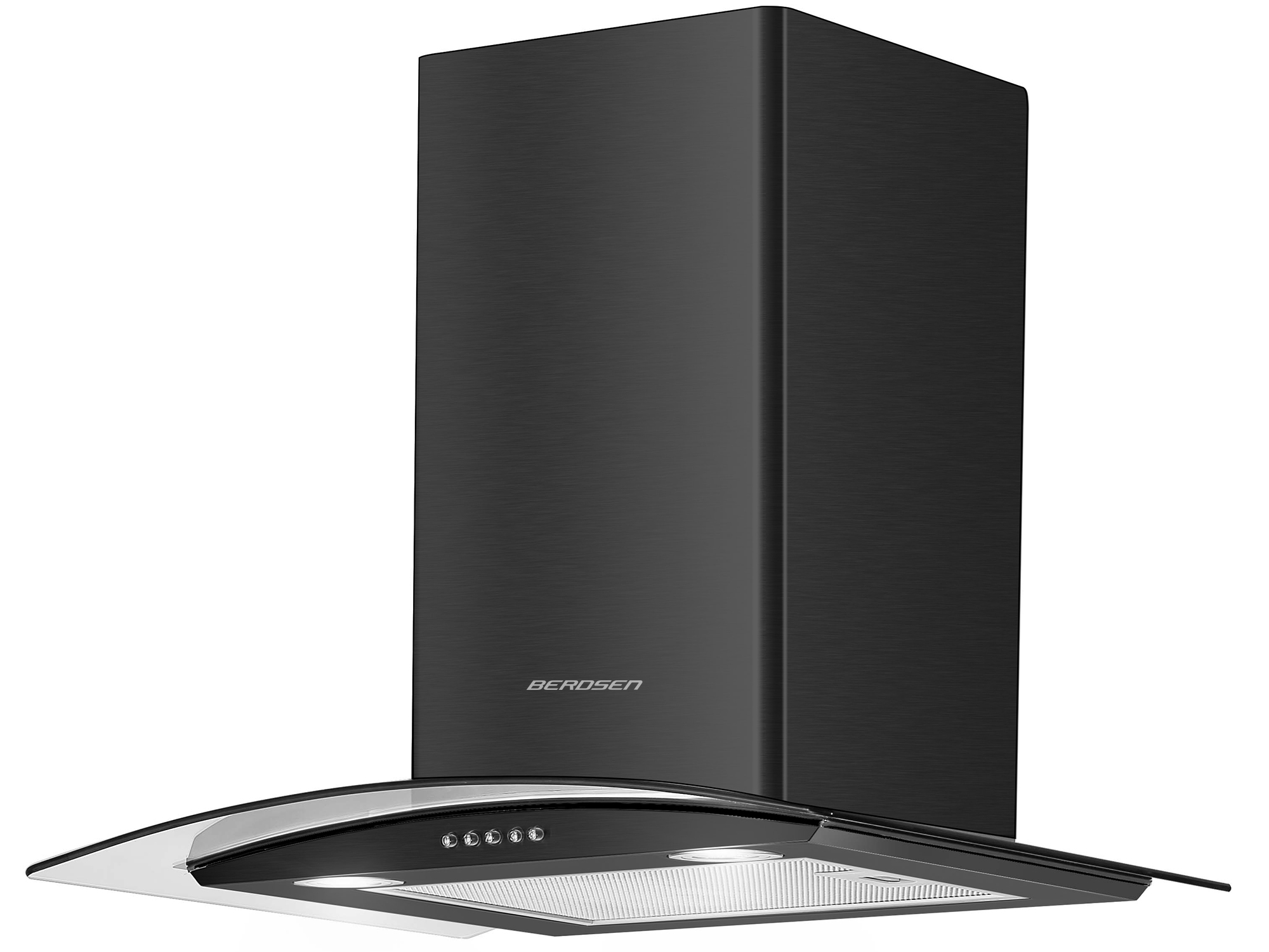 Czarny okap. Okap kominowy ze szklanym przodem, z logo marki.