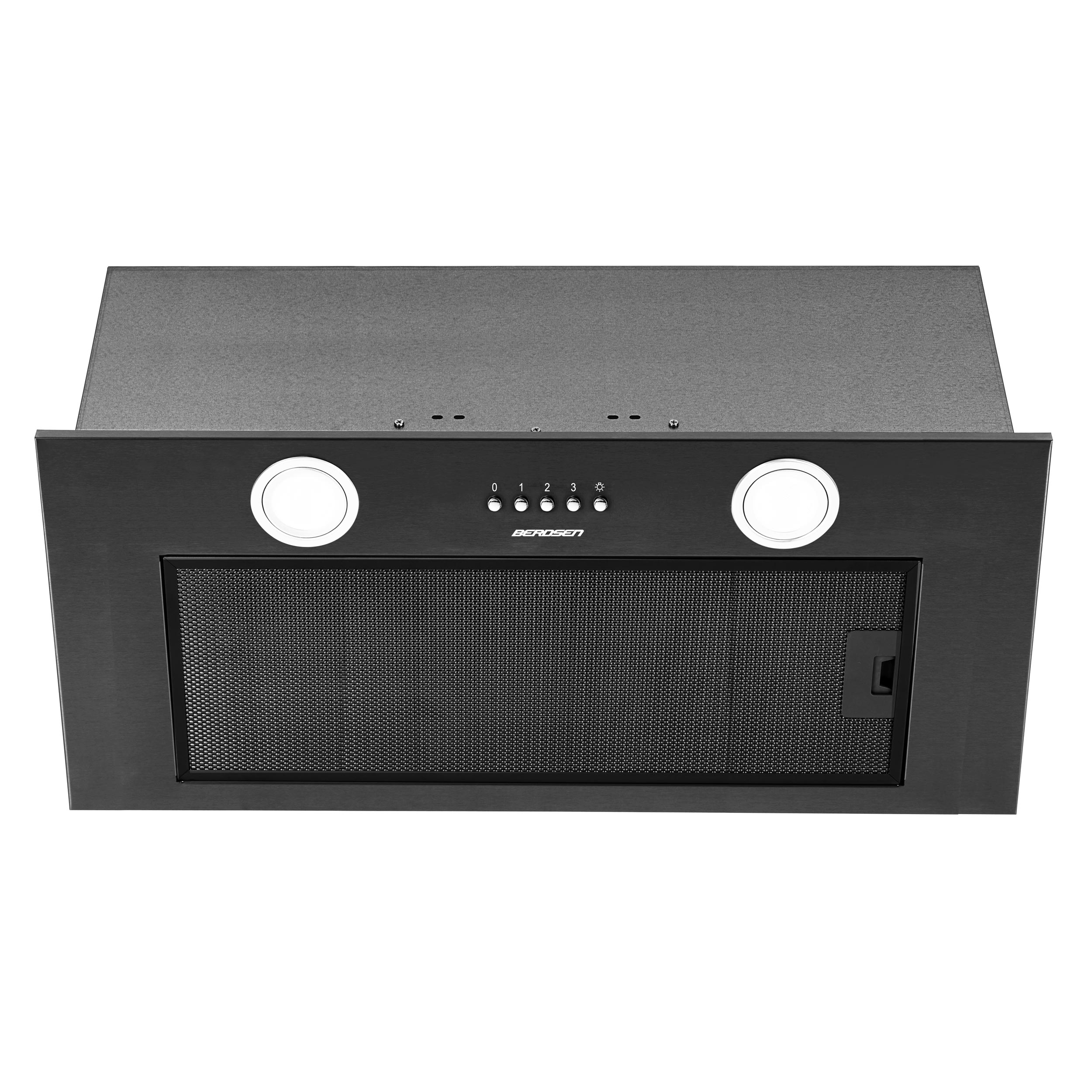 Czarny okap z dwoma okrągłymi światłami. Ma prostokątny kształt i panel sterowania.