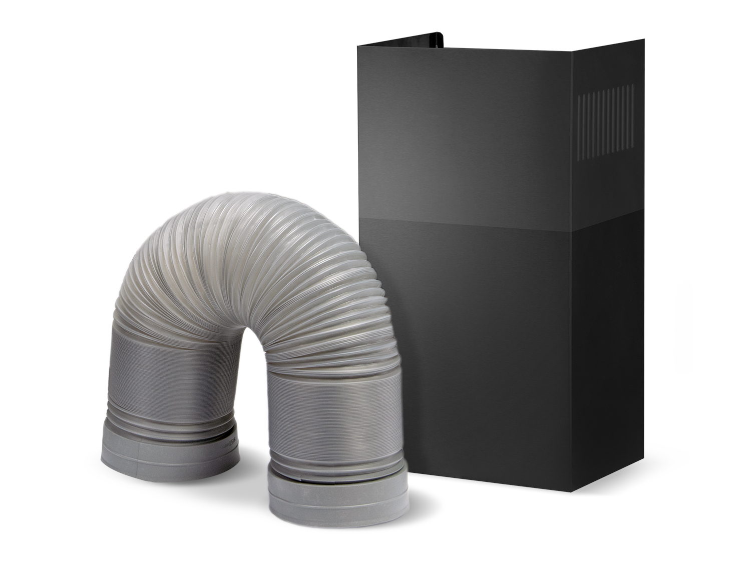 Czarny okap z kanałem wylotowym. Kanał jest elastyczny i szary. Urządzenie na białym tle.