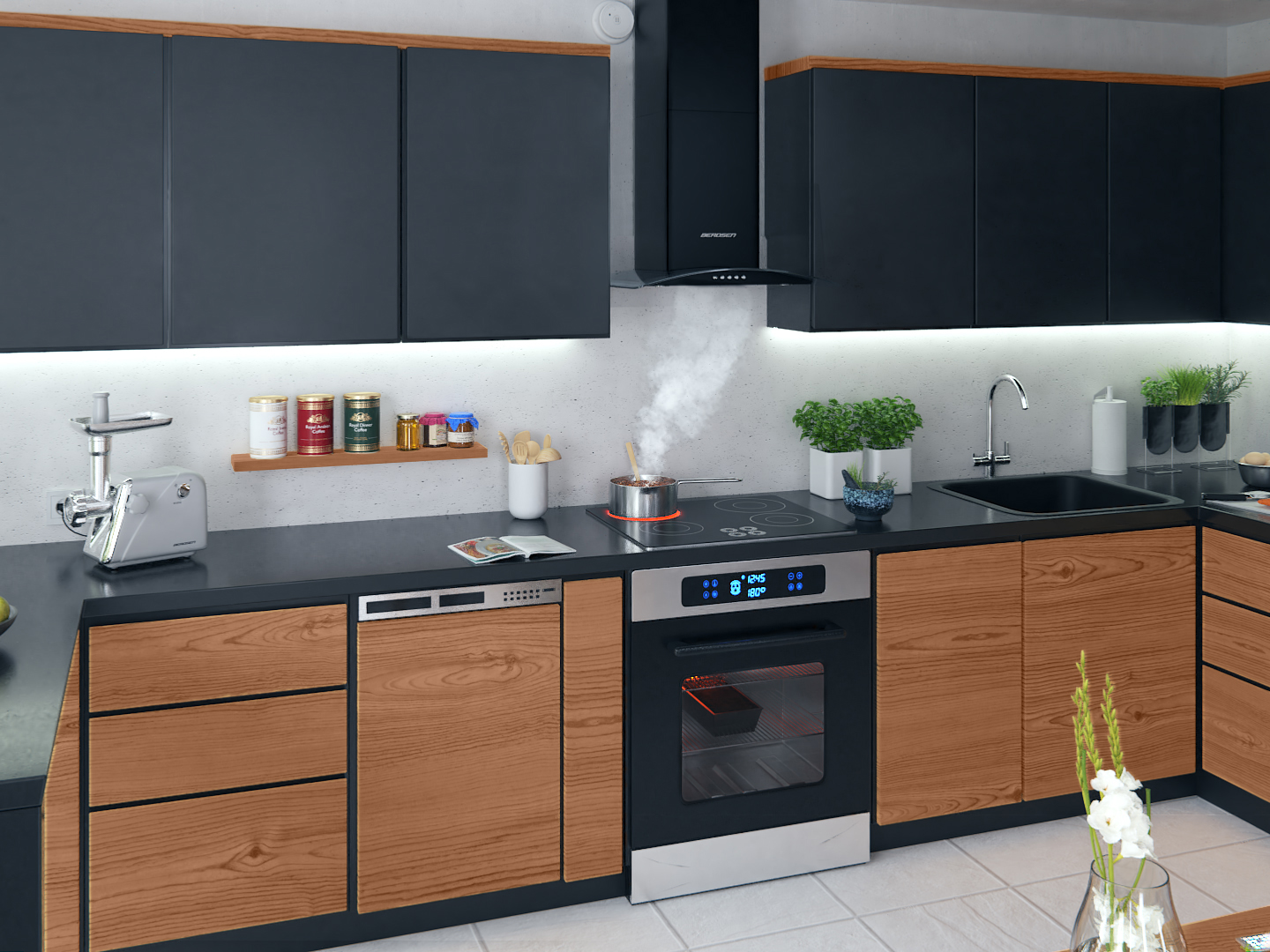 Kuchnia z czarnym okapem, czarnymi szafkami i szafkami w kolorze drewna. Para unosi się z garnka.
