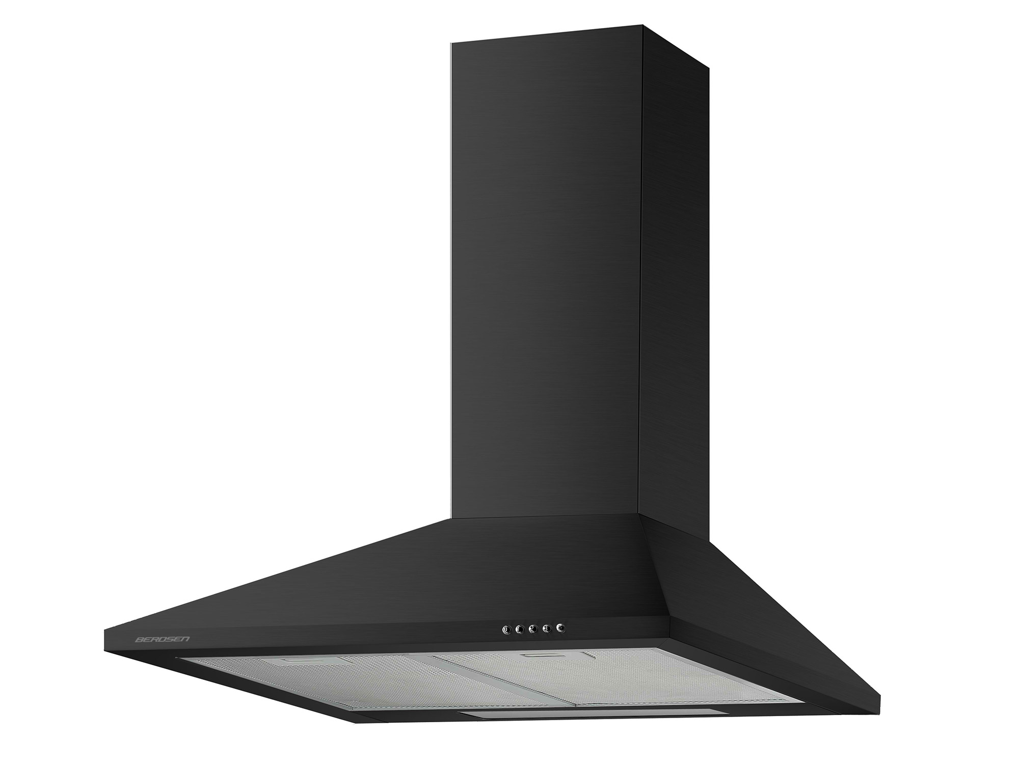 Czarny okap o rozszerzającym się kształcie. Posiada skośny przód i górę w stylu komina.